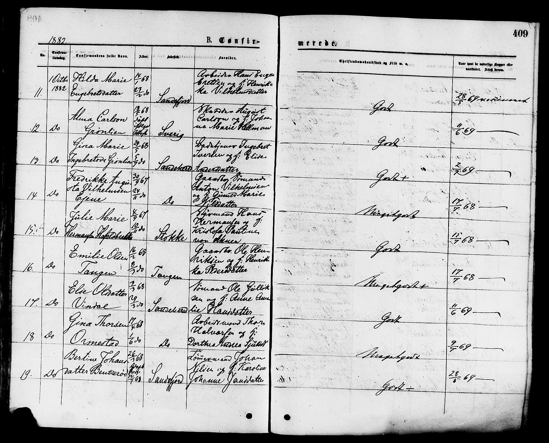 Sandar kirkebøker, AV/SAKO-A-243/F/Fa/L0010: Ministerialbok nr. 10, 1872-1882, s. 409