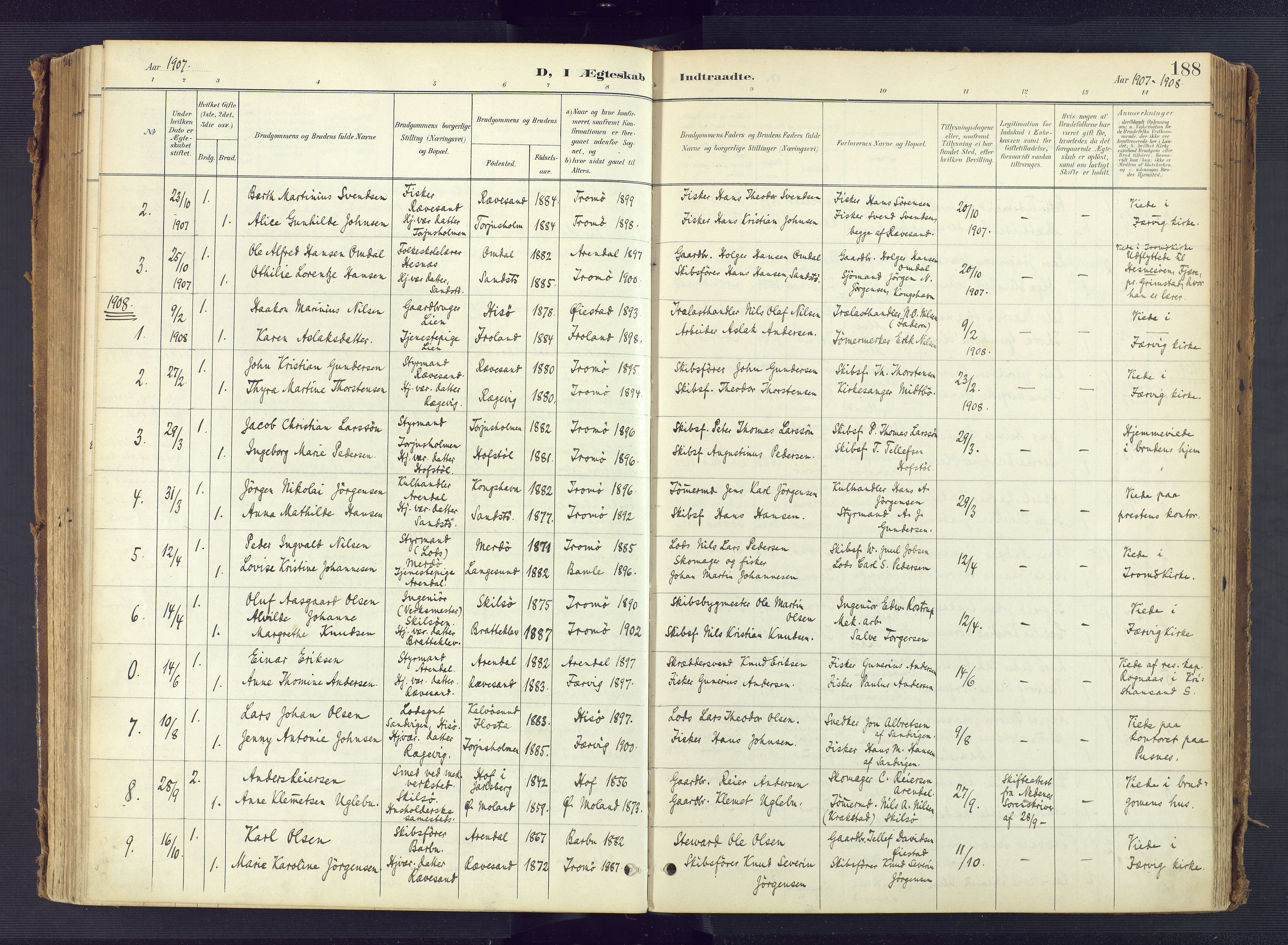 Tromøy sokneprestkontor, SAK/1111-0041/F/Fa/L0010: Ministerialbok nr. A 10, 1896-1912, s. 188