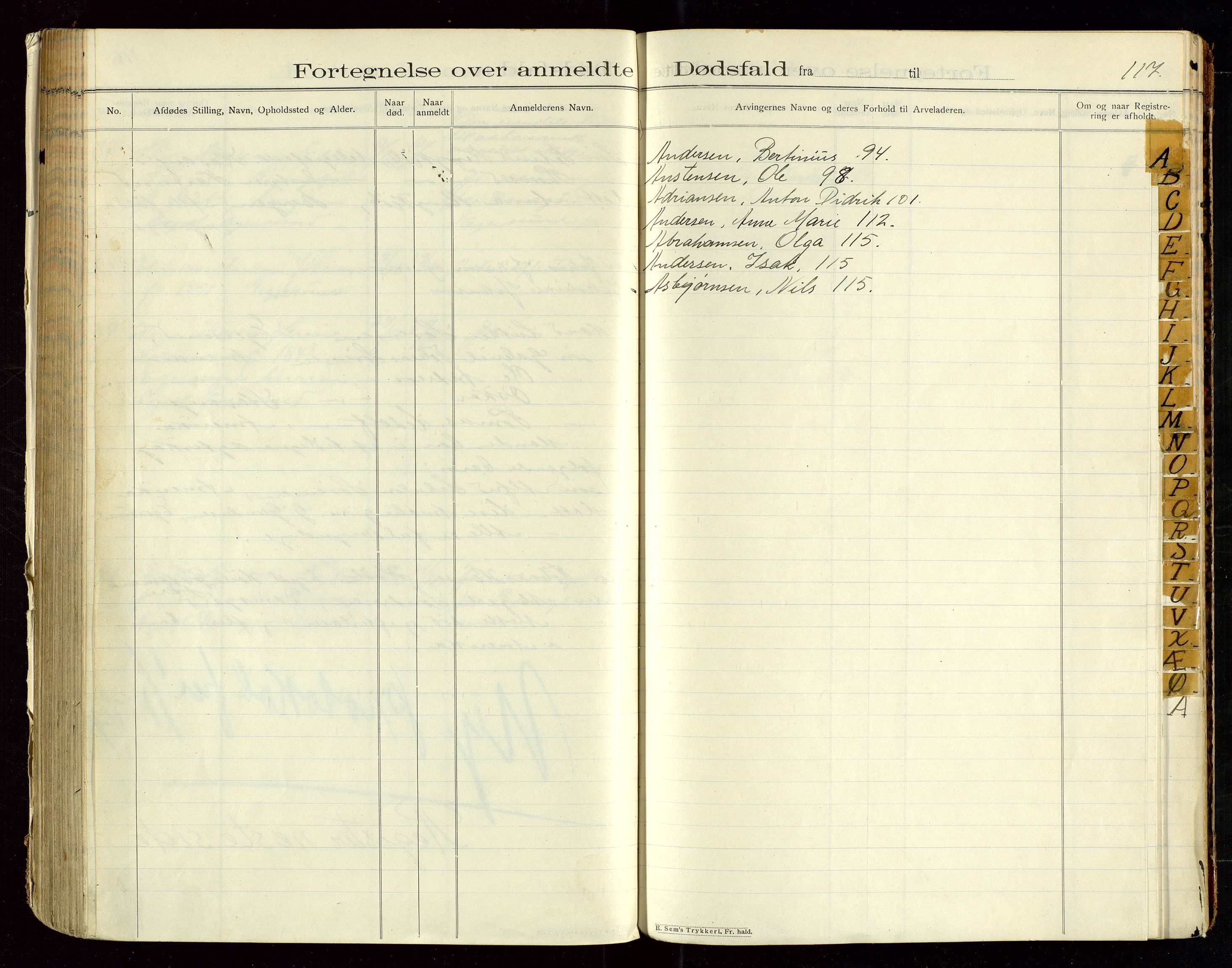 Eigersund lensmannskontor, AV/SAST-A-100171/Gga/L0005: "Dødsfalds-Protokol" m/alfabetisk navneregister, 1905-1913, s. 117