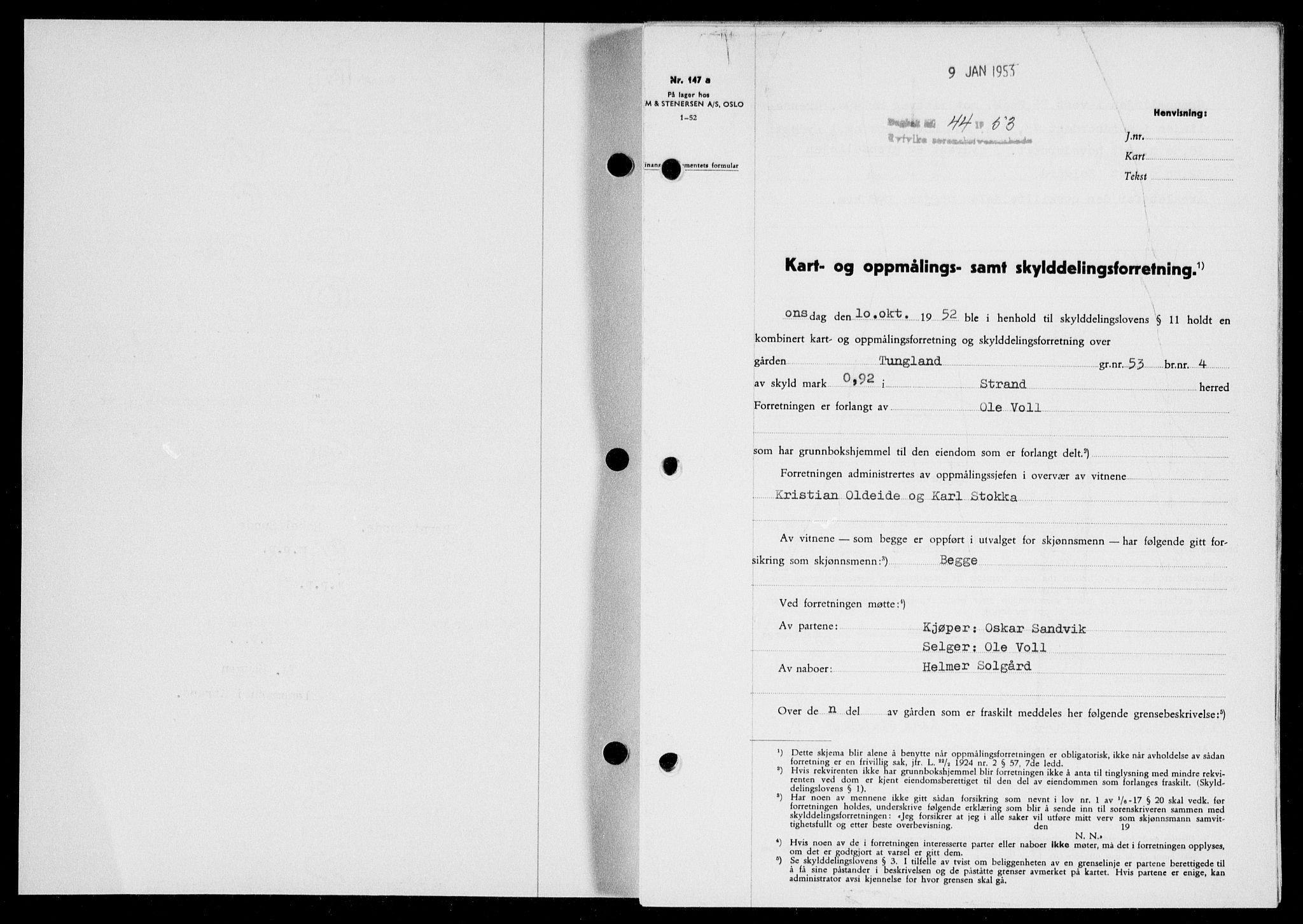 Ryfylke tingrett, SAST/A-100055/001/II/IIB/L0120: Pantebok nr. 99, 1952-1953, Dagboknr: 44/1953