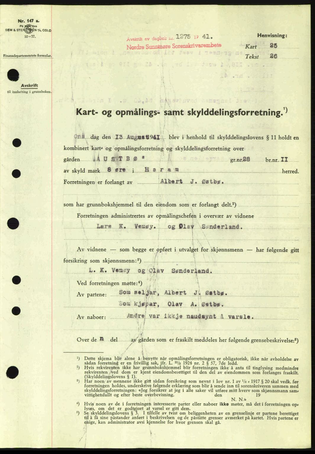 Nordre Sunnmøre sorenskriveri, SAT/A-0006/1/2/2C/2Ca: Pantebok nr. A11, 1941-1941, Dagboknr: 1275/1941