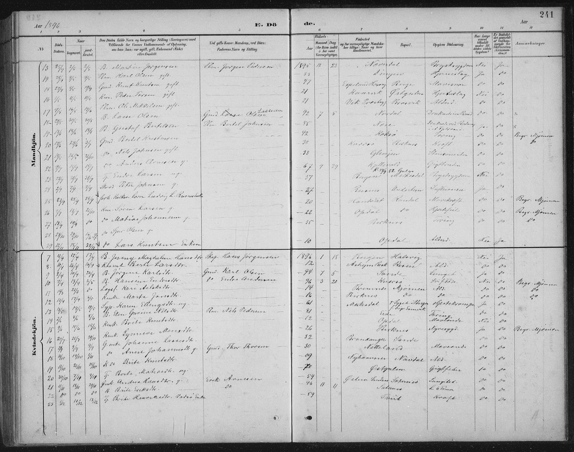 Gulen sokneprestembete, AV/SAB-A-80201/H/Hab/Habb/L0003: Klokkerbok nr. B 3, 1884-1907, s. 241
