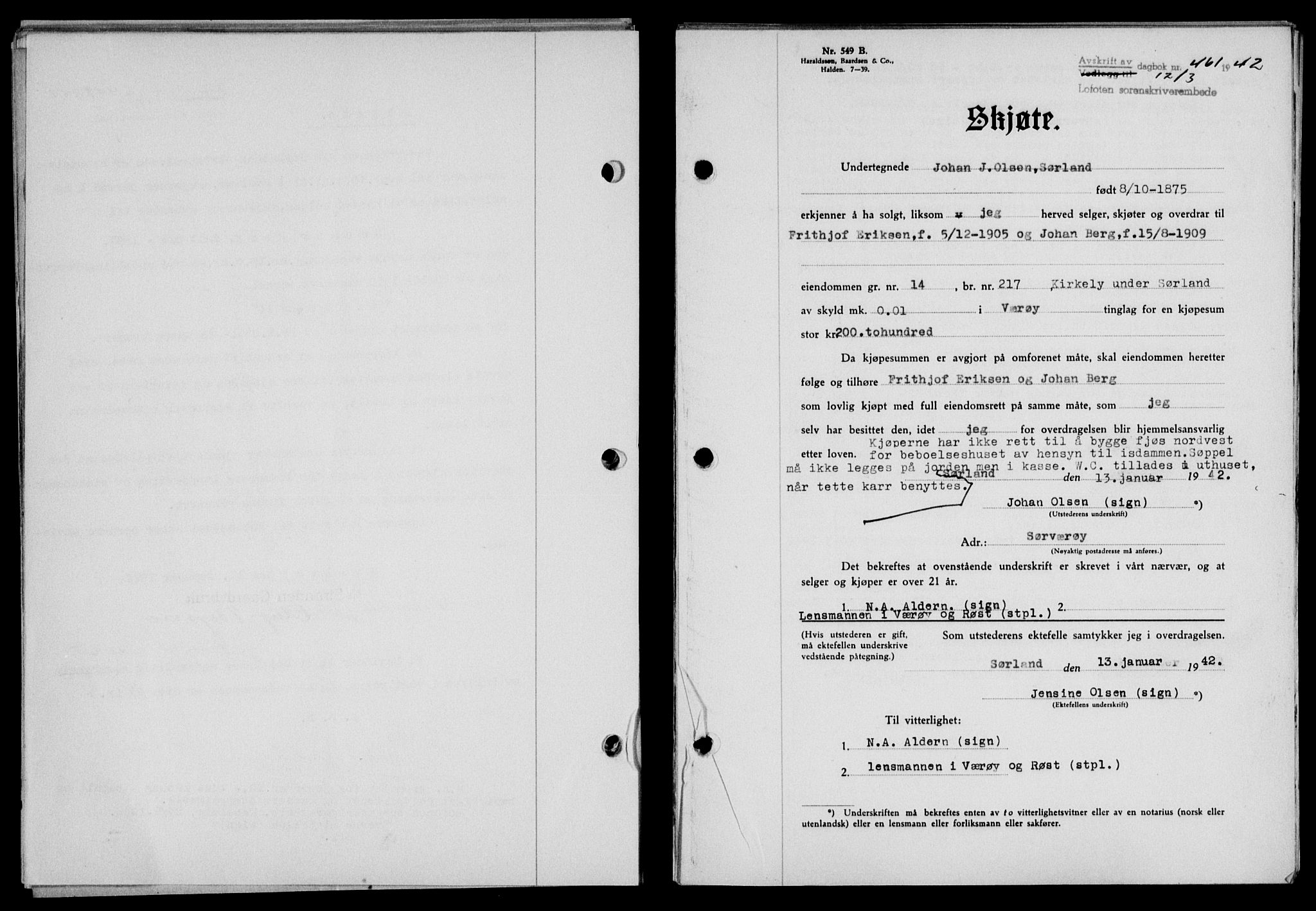 Lofoten sorenskriveri, SAT/A-0017/1/2/2C/L0009a: Pantebok nr. 9a, 1941-1942, Dagboknr: 461/1942