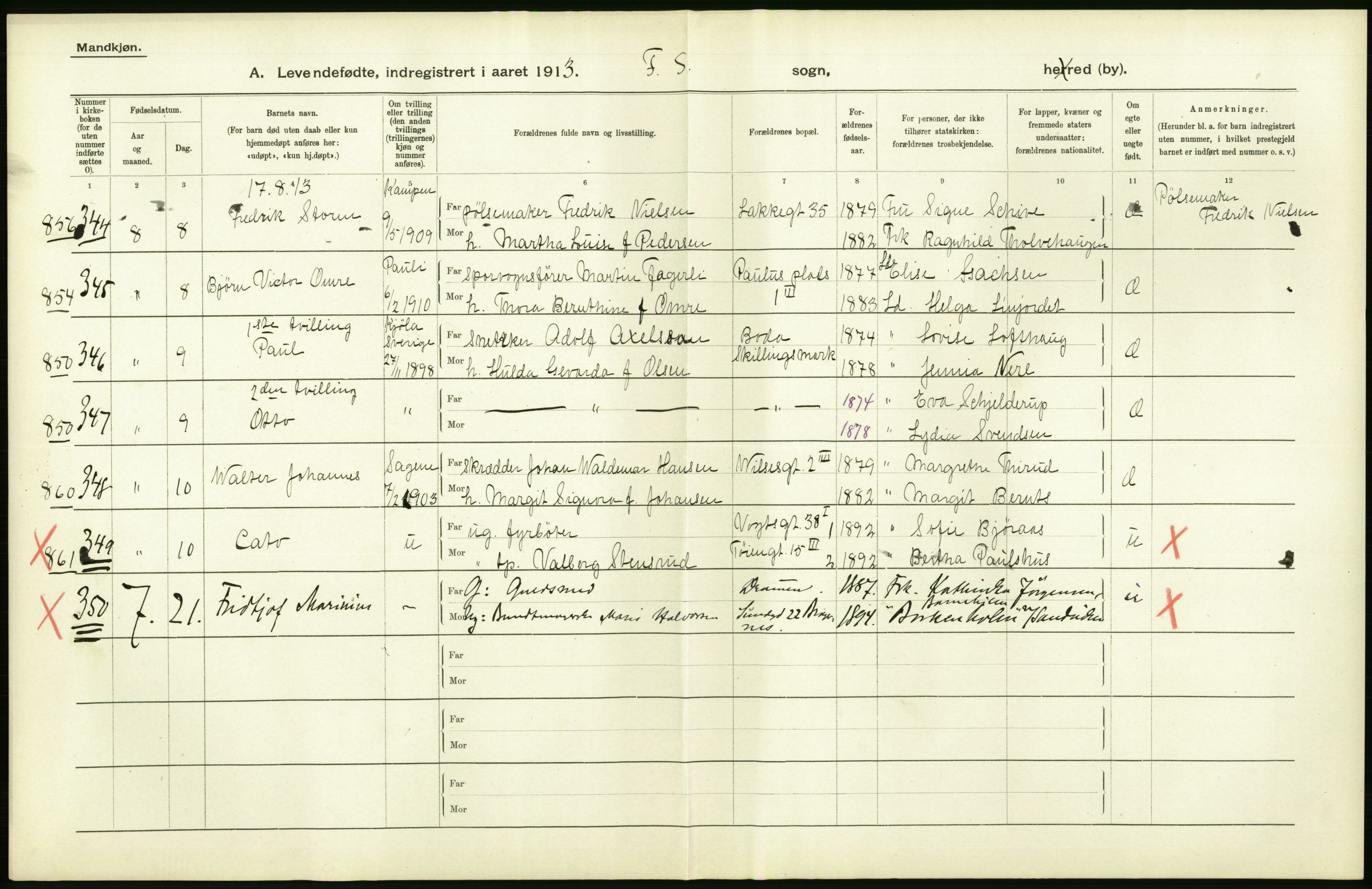 Statistisk sentralbyrå, Sosiodemografiske emner, Befolkning, AV/RA-S-2228/D/Df/Dfb/Dfbc/L0007: Kristiania: Levendefødte menn og kvinner., 1913, s. 58