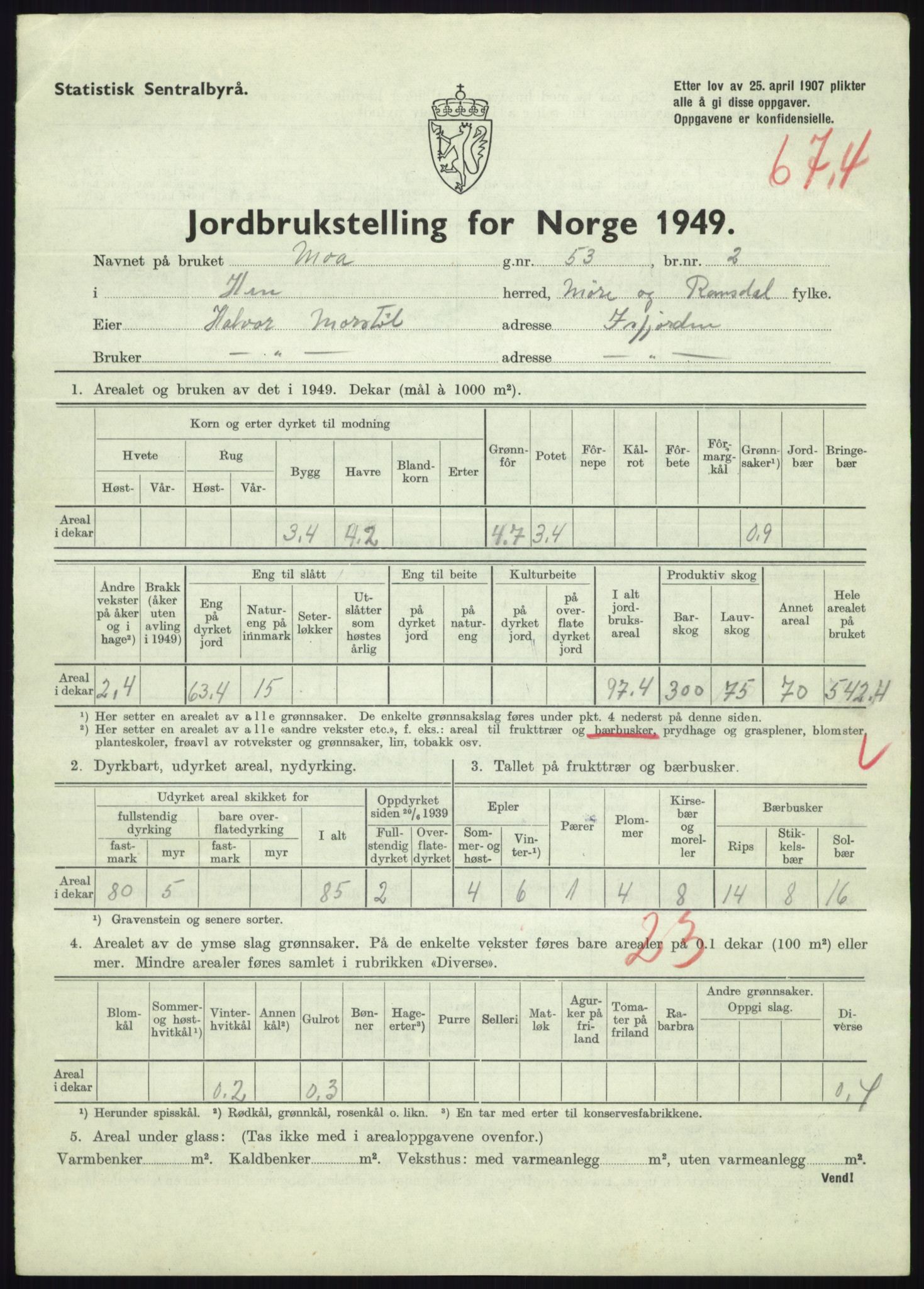 Statistisk sentralbyrå, Næringsøkonomiske emner, Jordbruk, skogbruk, jakt, fiske og fangst, AV/RA-S-2234/G/Gc/L0323: Møre og Romsdal: Grytten og Hen, 1949, s. 845