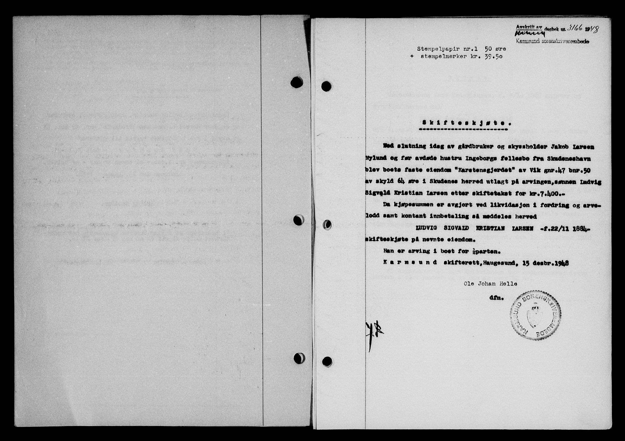 Karmsund sorenskriveri, SAST/A-100311/01/II/IIB/L0095: Pantebok nr. 75A, 1948-1949, Dagboknr: 3166/1948