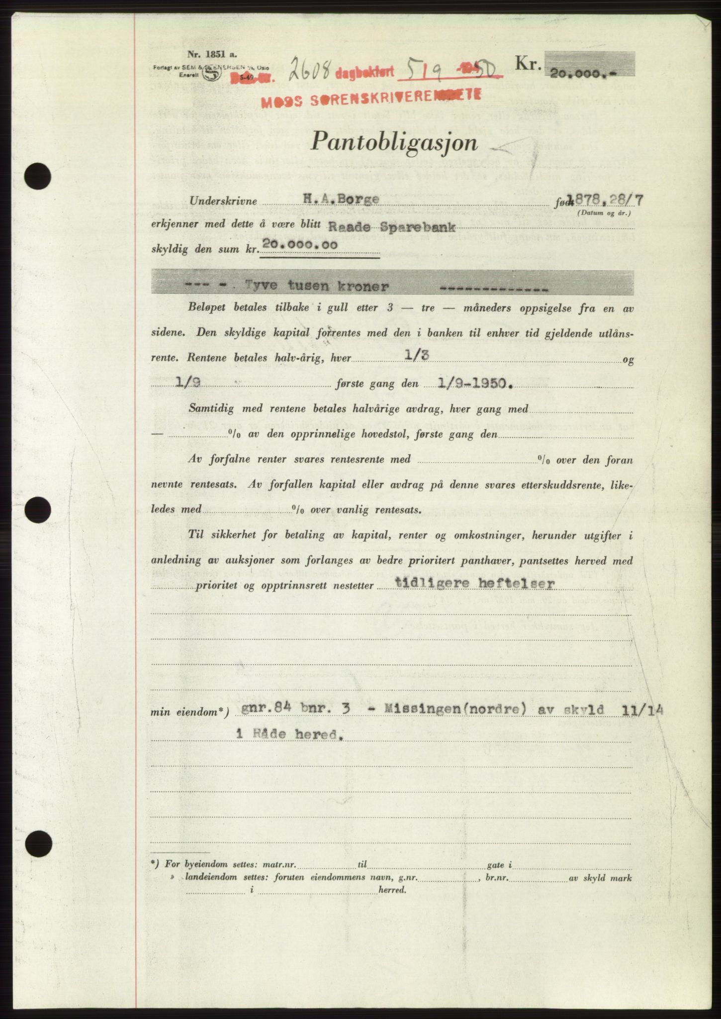 Moss sorenskriveri, SAO/A-10168: Pantebok nr. B25, 1950-1950, Dagboknr: 2608/1950