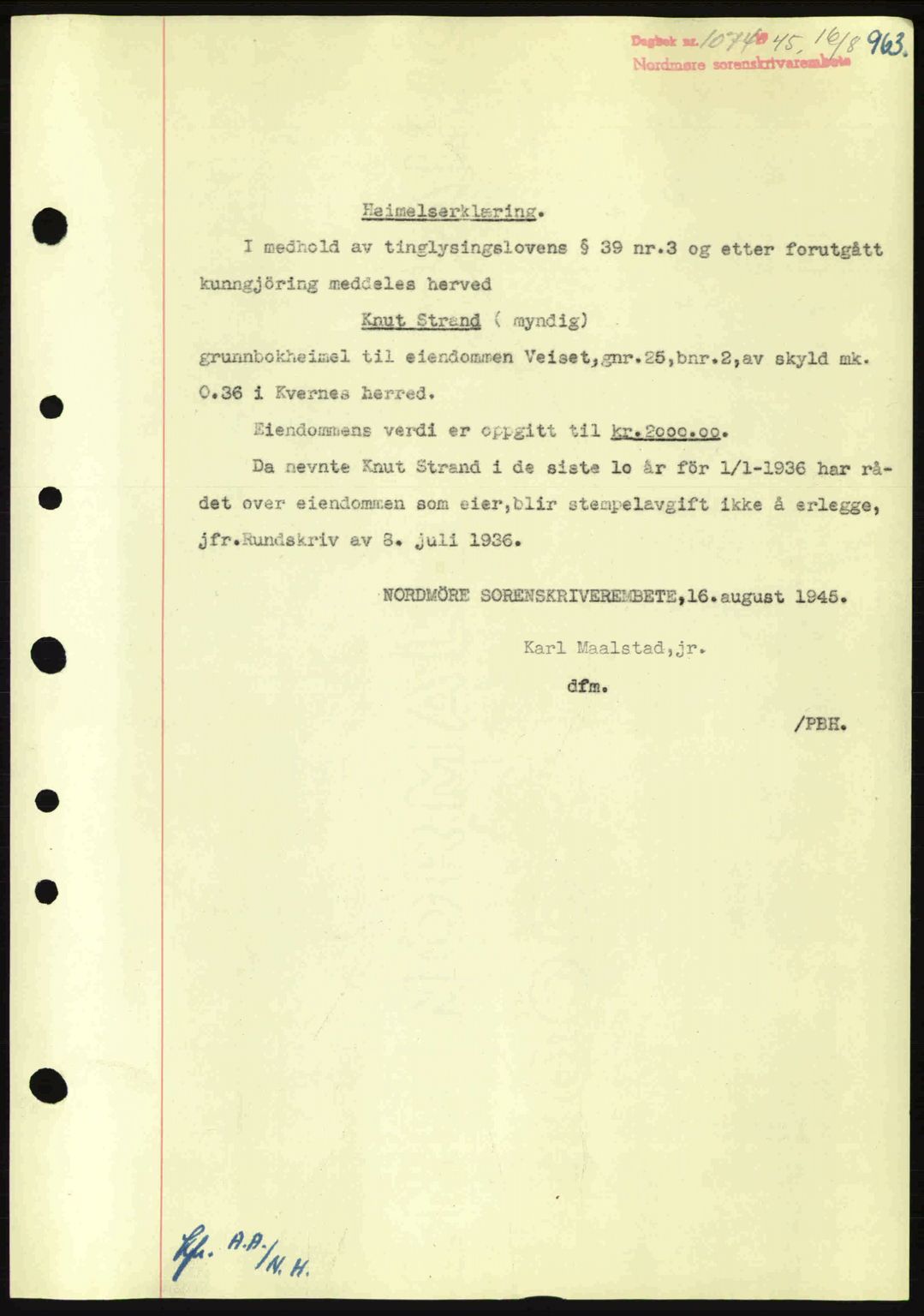 Nordmøre sorenskriveri, SAT/A-4132/1/2/2Ca: Pantebok nr. A99, 1945-1945, Dagboknr: 1074/1945