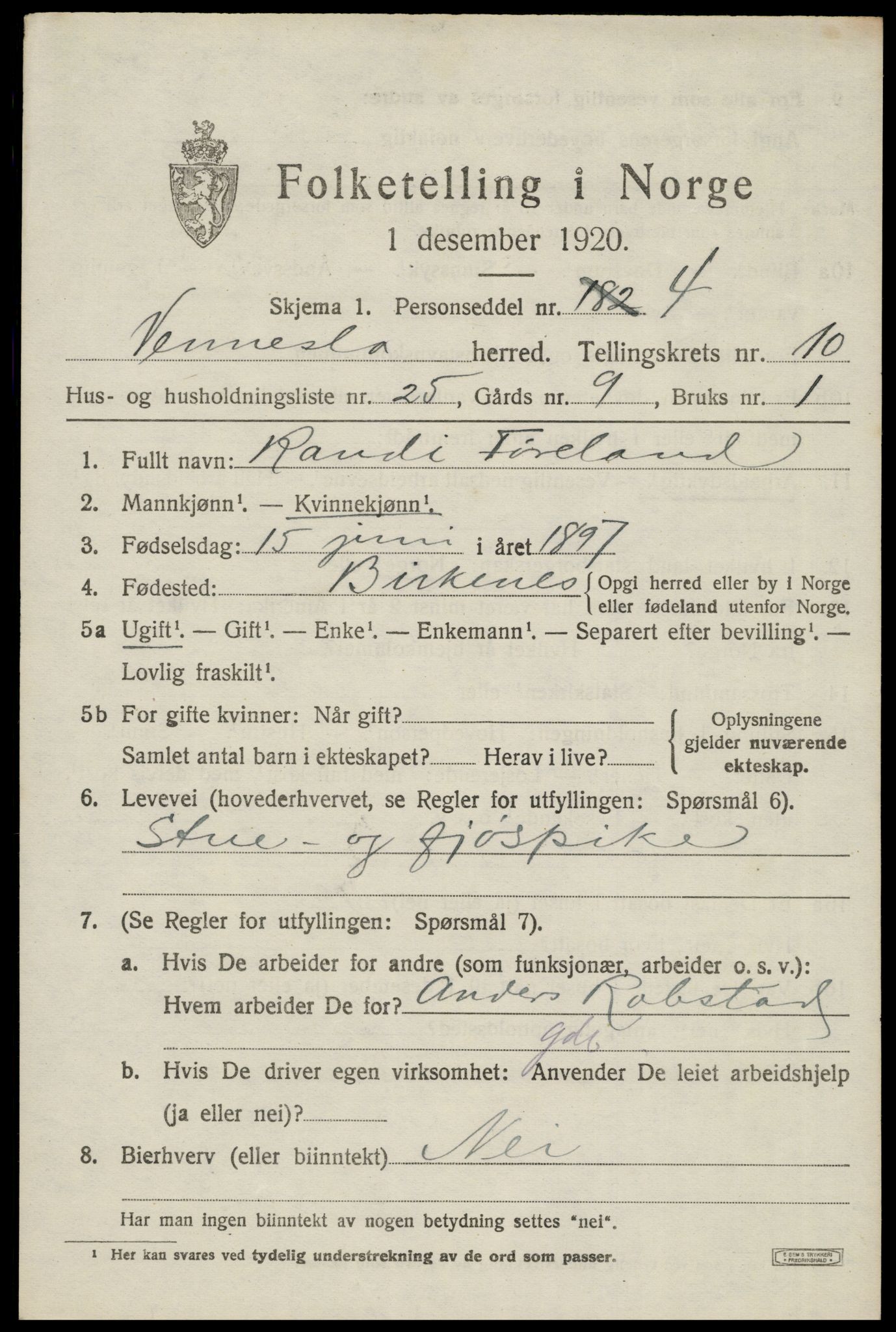 SAK, Folketelling 1920 for 1014 Vennesla herred, 1920, s. 7088