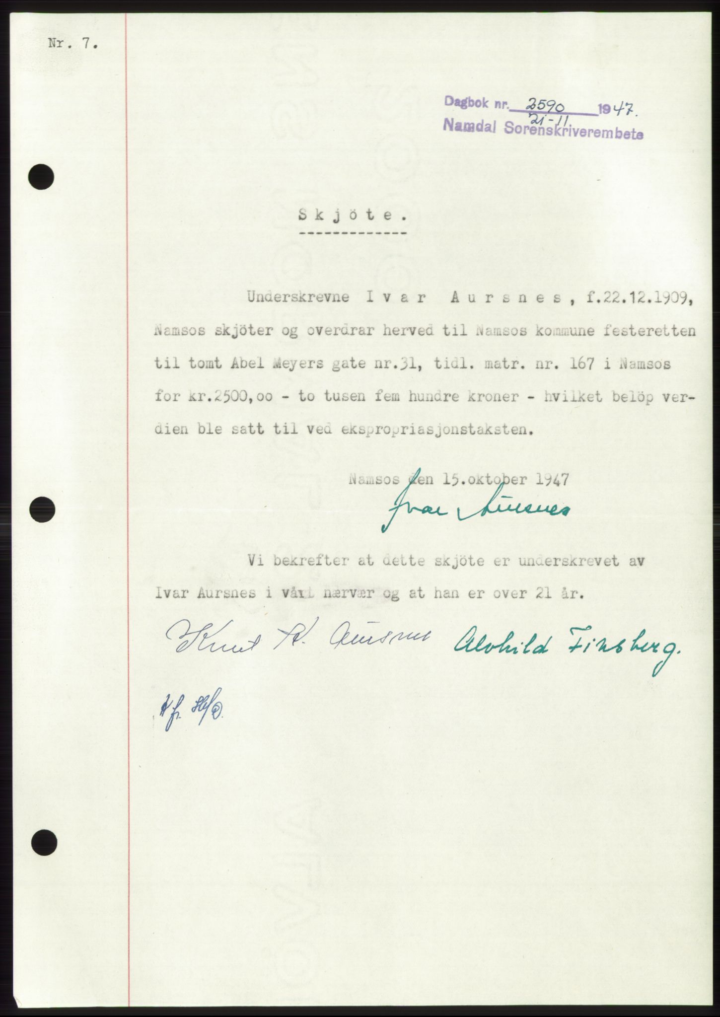 Namdal sorenskriveri, SAT/A-4133/1/2/2C: Pantebok nr. -, 1947-1948, Dagboknr: 2590/1947