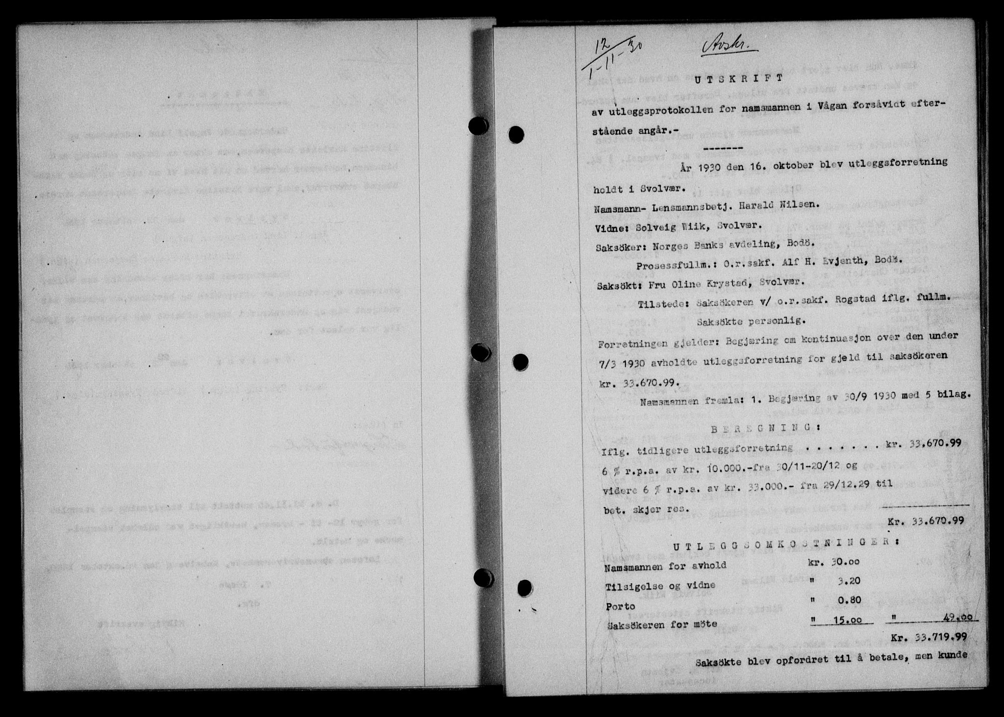 Lofoten sorenskriveri, SAT/A-0017/1/2/2C/L0022b: Pantebok nr. 22b, 1930-1930, Tingl.dato: 01.11.1930