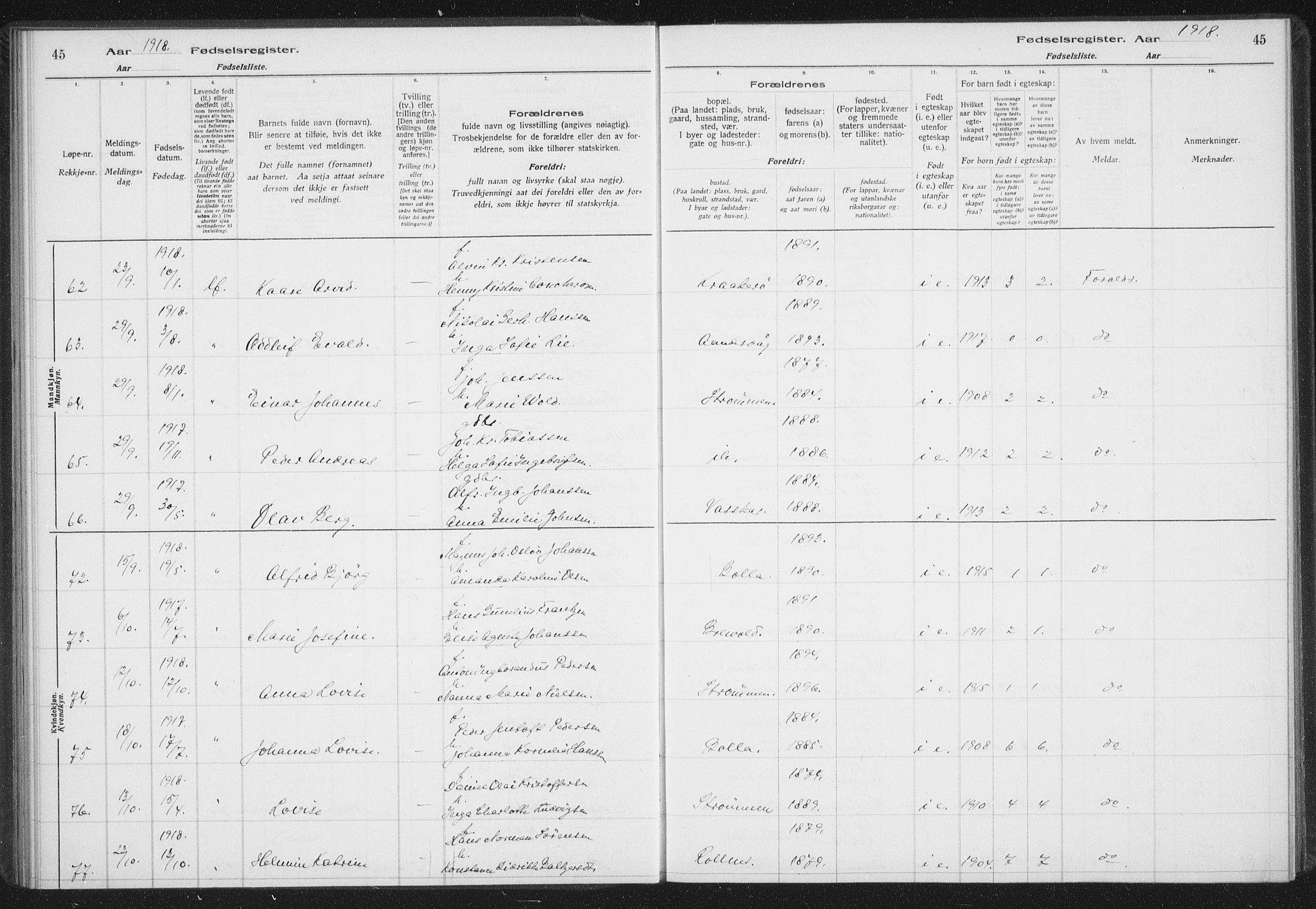 Ibestad sokneprestembete, AV/SATØ-S-0077/I/Ic/L0061: Fødselsregister nr. 61, 1917-1929, s. 45