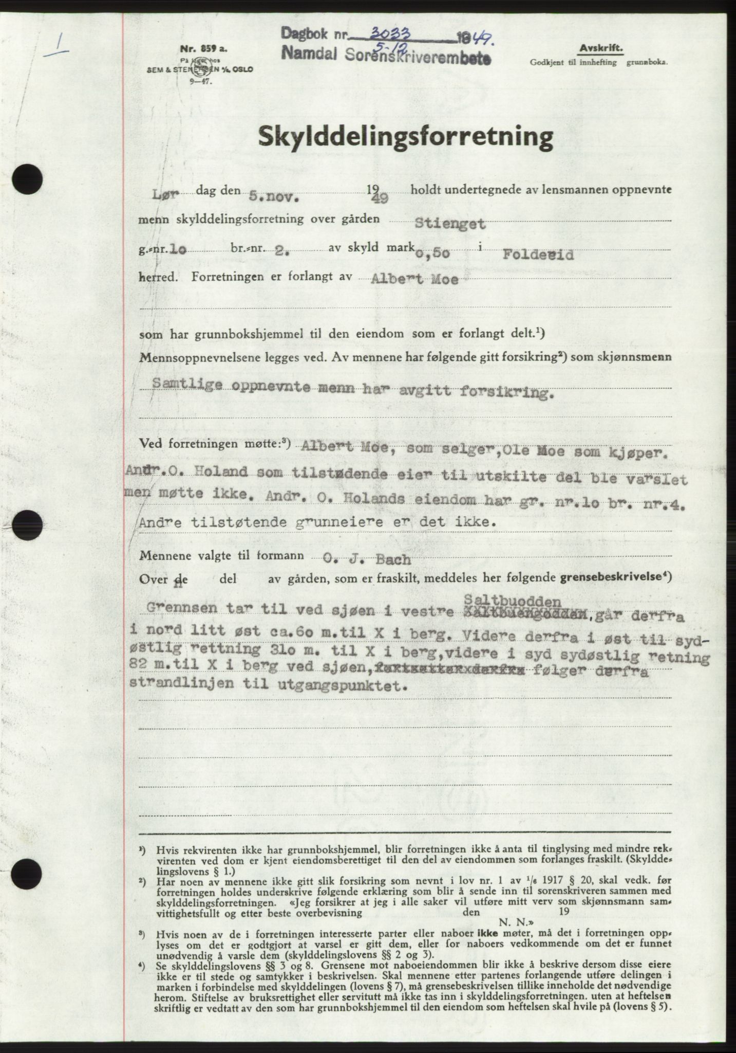 Namdal sorenskriveri, SAT/A-4133/1/2/2C: Pantebok nr. -, 1949-1949, Dagboknr: 3033/1949