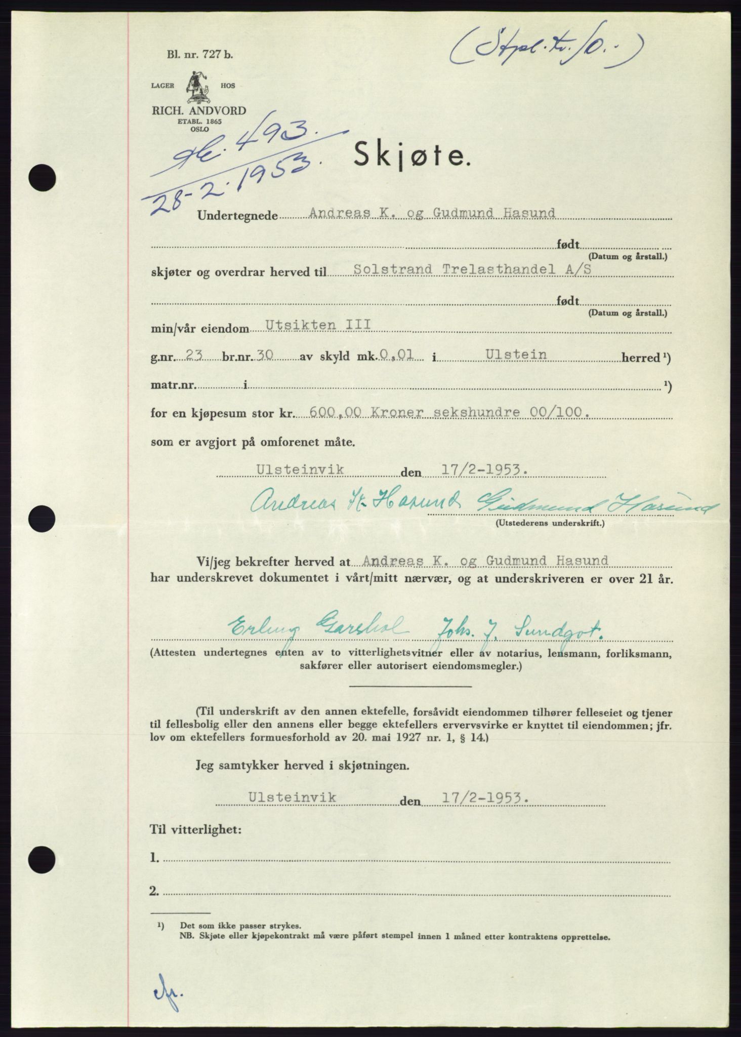 Søre Sunnmøre sorenskriveri, AV/SAT-A-4122/1/2/2C/L0094: Pantebok nr. 20A, 1953-1953, Dagboknr: 493/1953