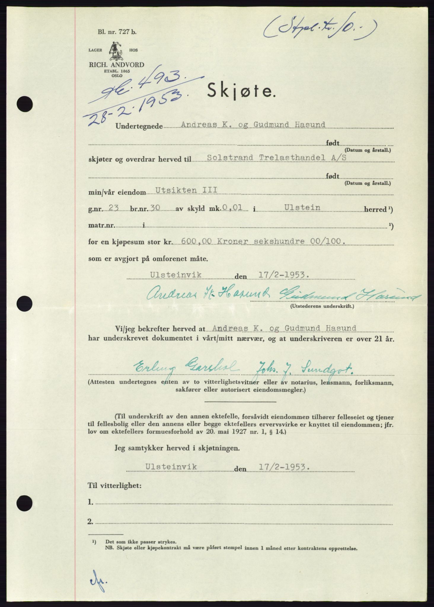 Søre Sunnmøre sorenskriveri, SAT/A-4122/1/2/2C/L0094: Pantebok nr. 20A, 1953-1953, Dagboknr: 493/1953