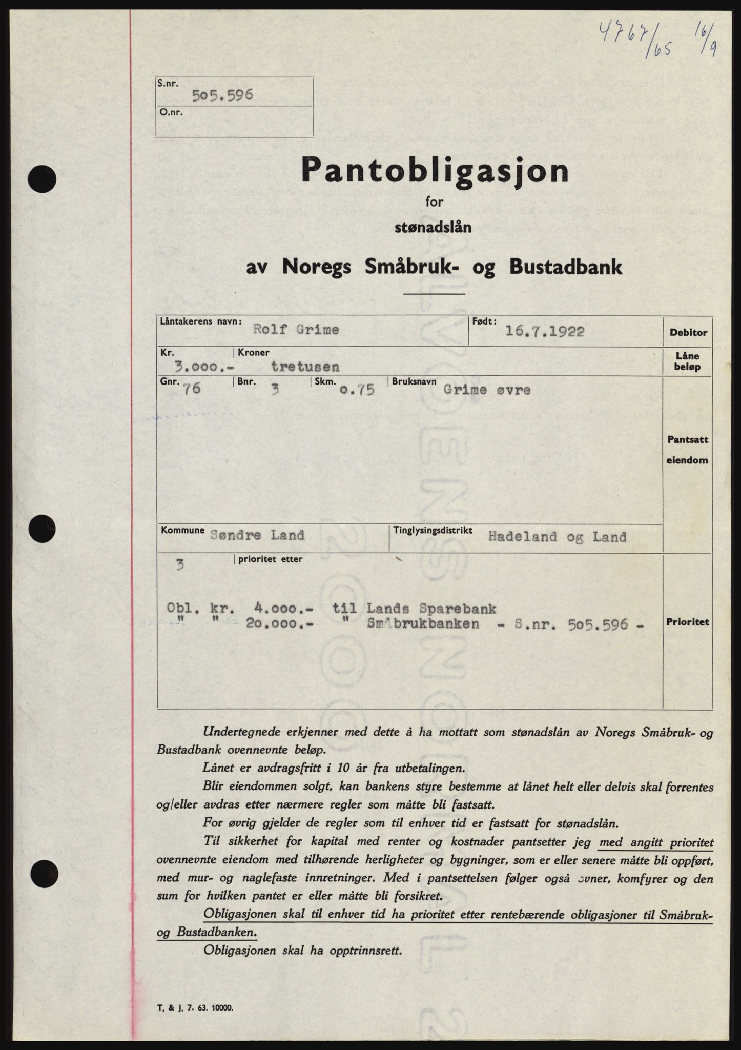 Hadeland og Land tingrett, SAH/TING-010/H/Hb/Hbc/L0060: Pantebok nr. B60, 1965-1965, Dagboknr: 4767/1965