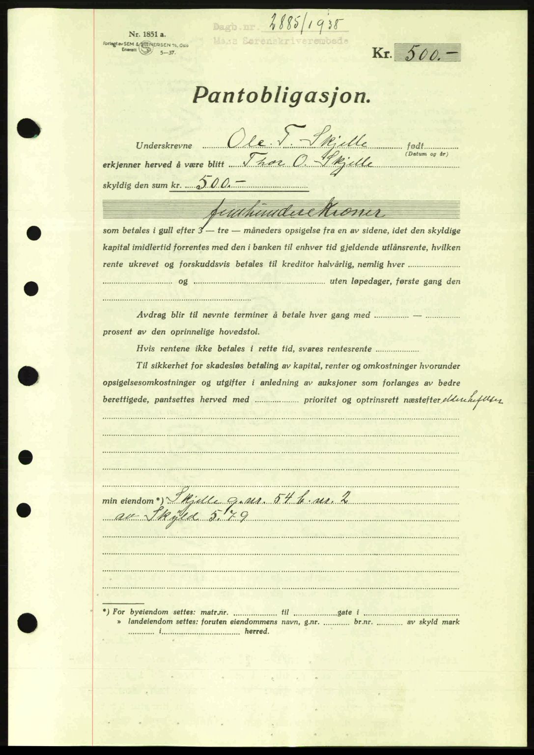 Moss sorenskriveri, SAO/A-10168: Pantebok nr. B6, 1938-1938, Dagboknr: 2885/1938