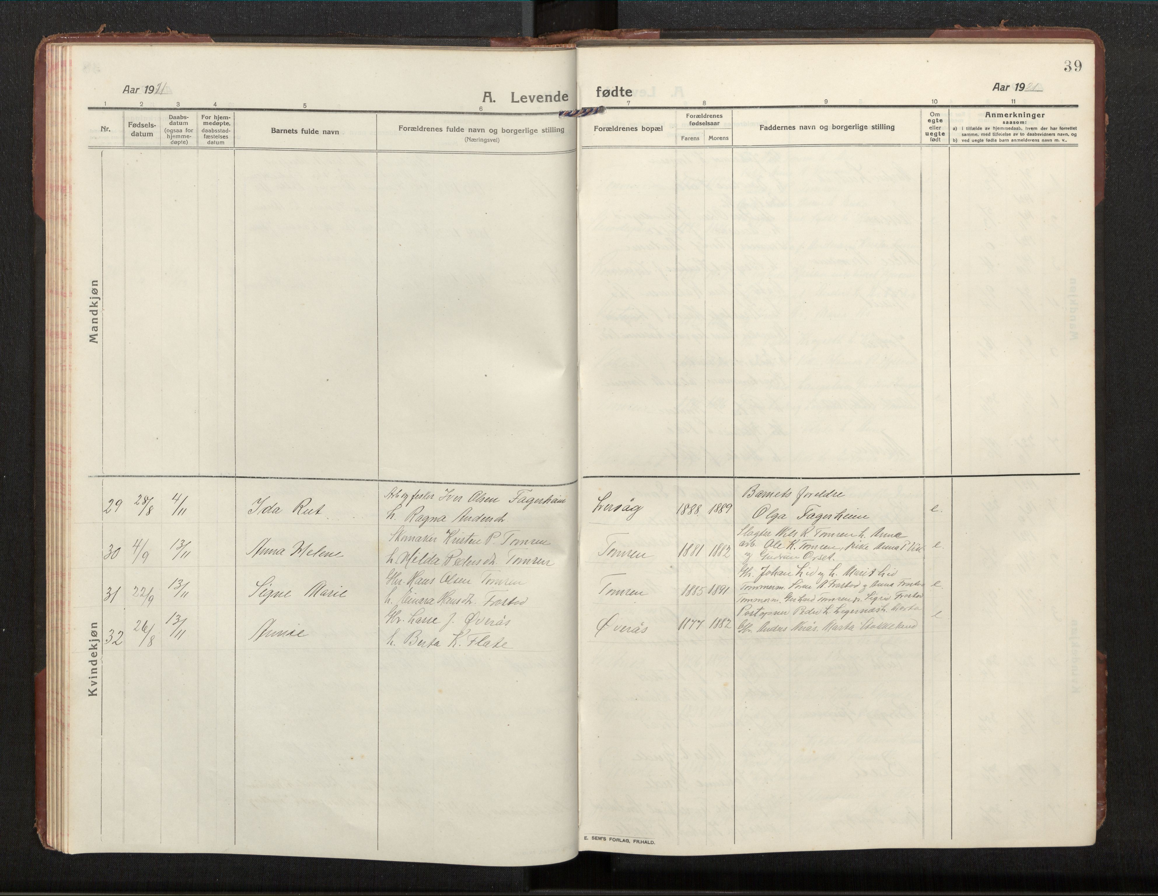 Ministerialprotokoller, klokkerbøker og fødselsregistre - Møre og Romsdal, SAT/A-1454/539/L0536a: Klokkerbok nr. 539C03, 1912-1936, s. 39