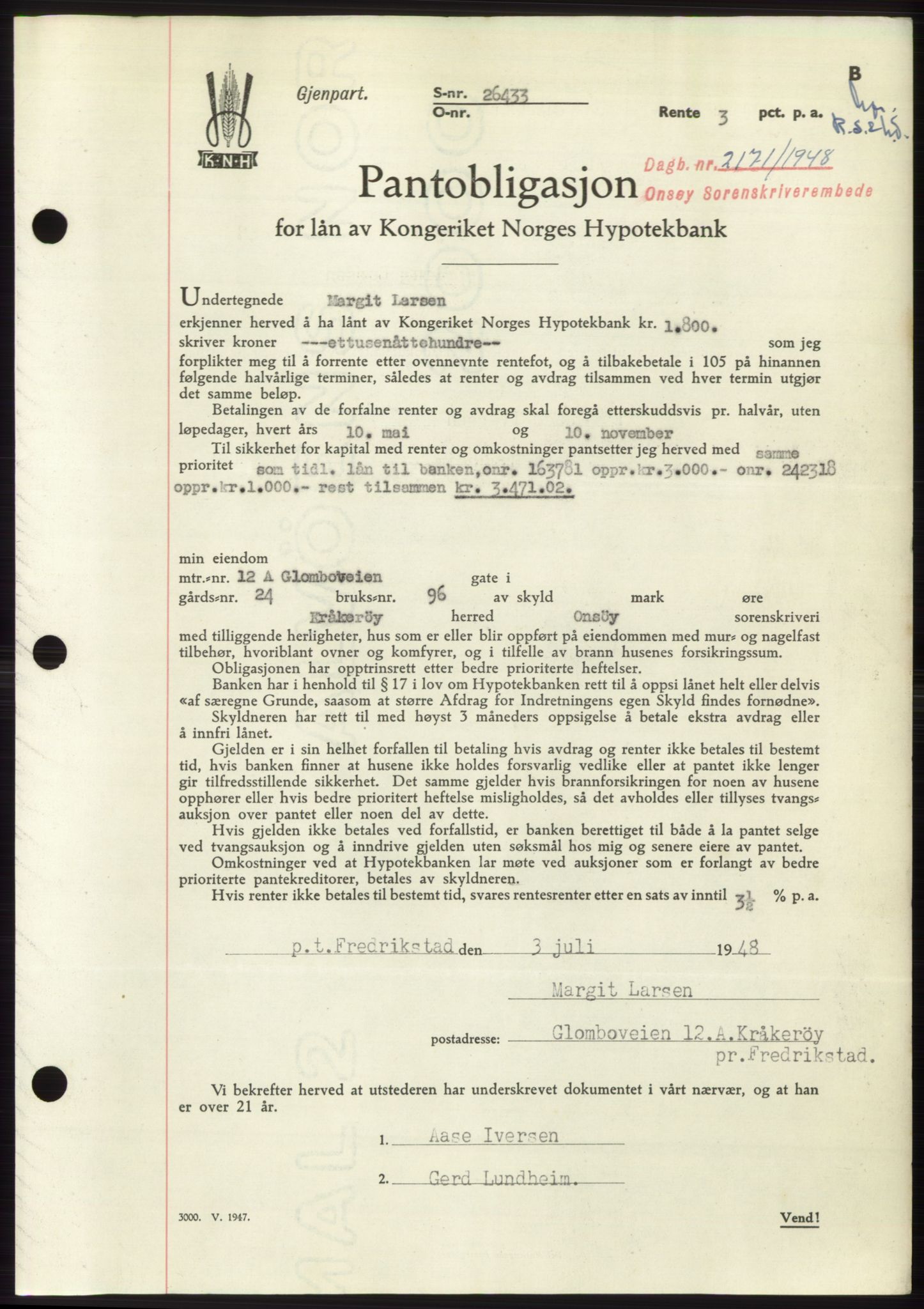 Onsøy sorenskriveri, SAO/A-10474/G/Ga/Gac/L0007: Pantebok nr. B 14-7, 1948-1948, Dagboknr: 2171/1948