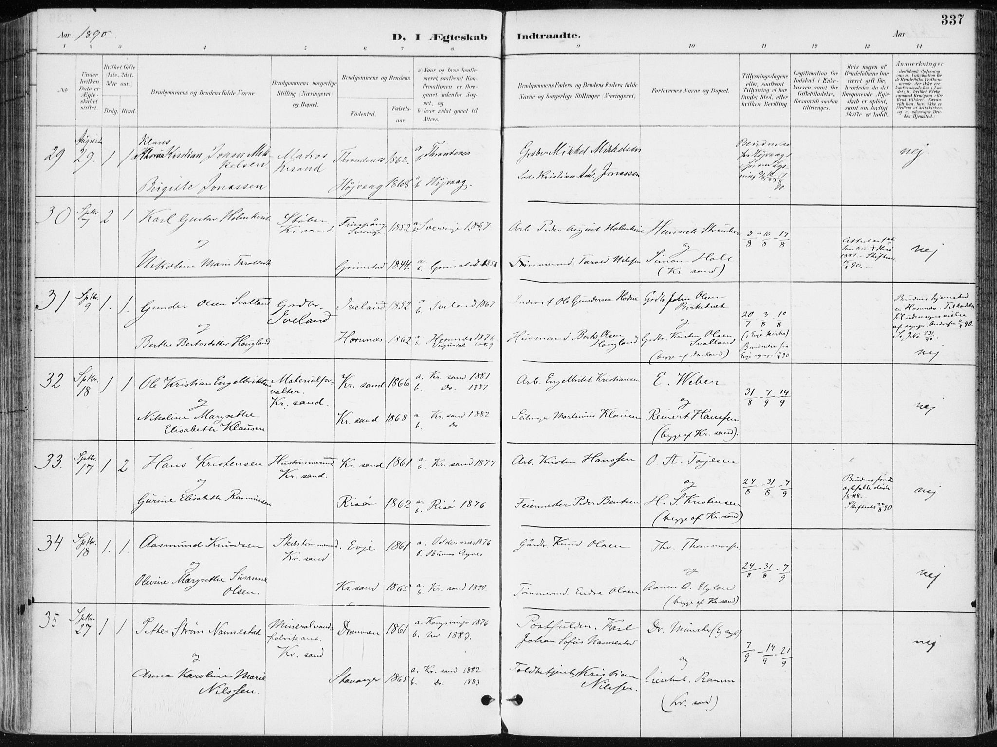 Kristiansand domprosti, AV/SAK-1112-0006/F/Fa/L0019: Ministerialbok nr. A 18, 1890-1897, s. 337