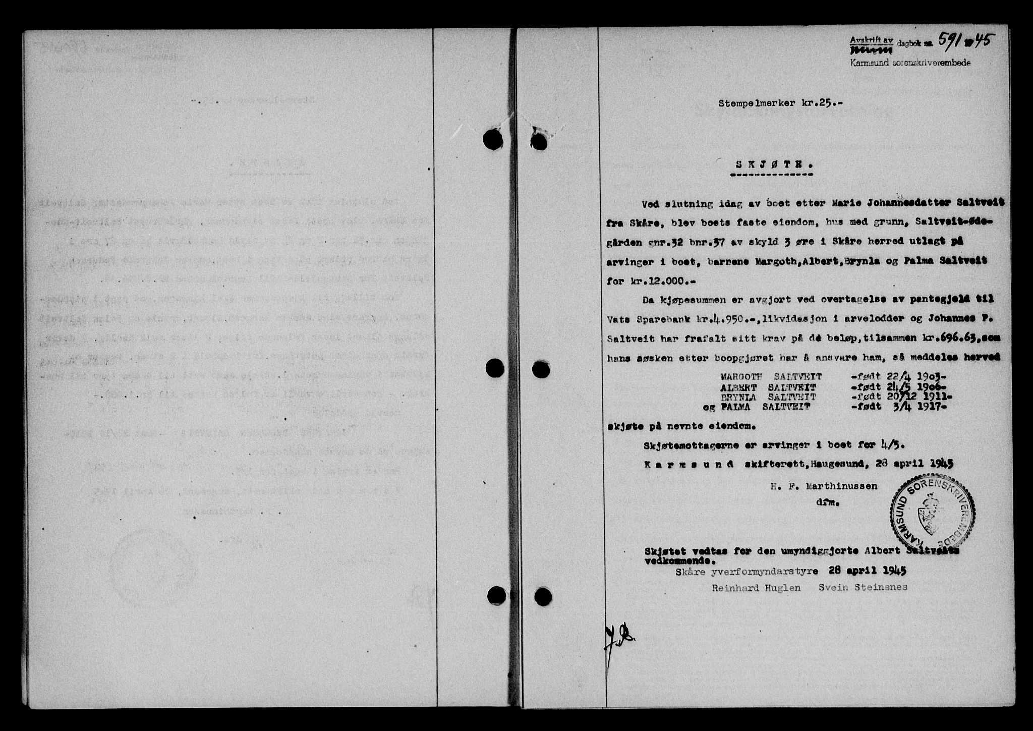 Karmsund sorenskriveri, SAST/A-100311/01/II/IIB/L0083: Pantebok nr. 64A, 1944-1945, Dagboknr: 591/1945