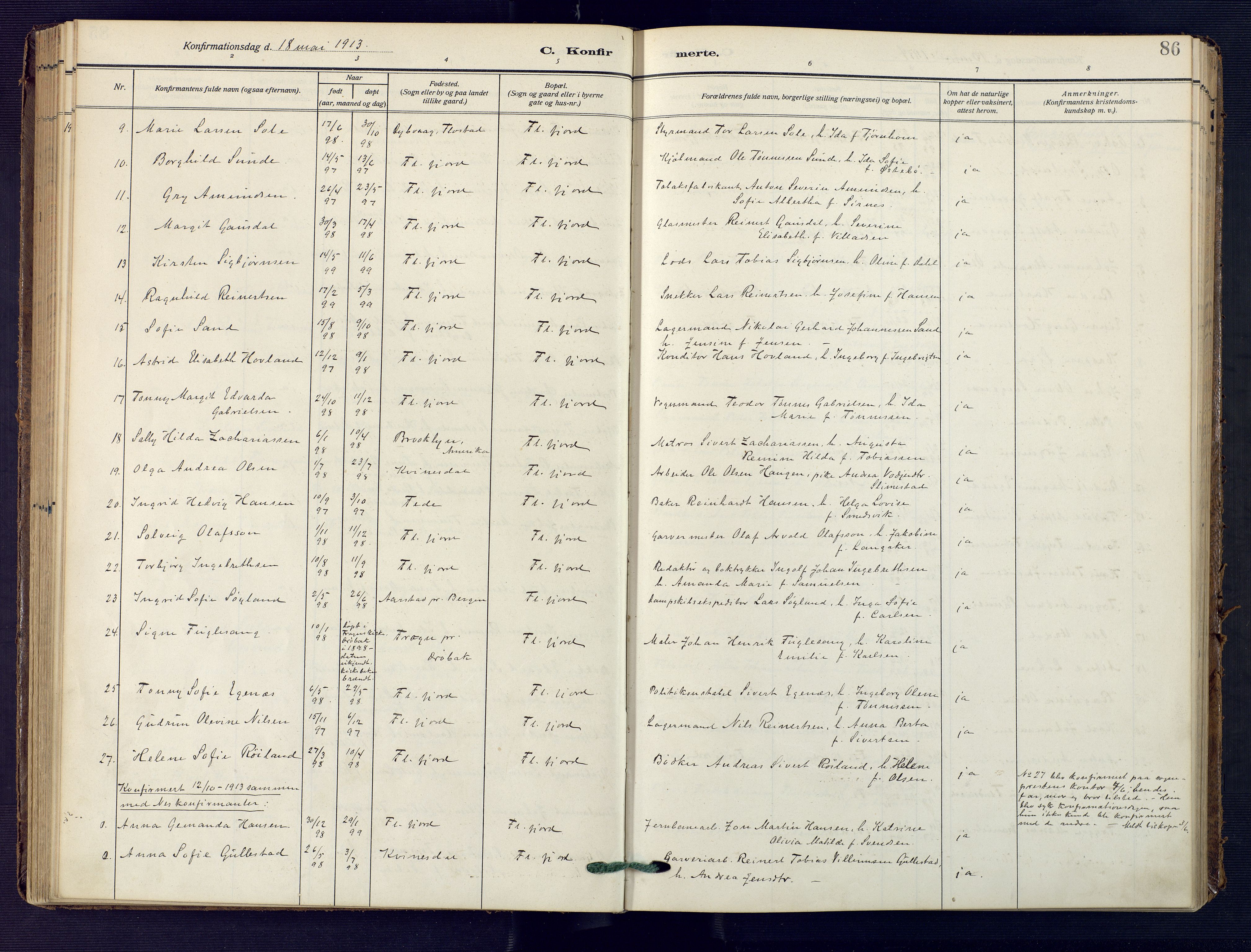 Flekkefjord sokneprestkontor, AV/SAK-1111-0012/F/Fa/Faa/L0003: Ministerialbok nr. A 3, 1913-1928, s. 86