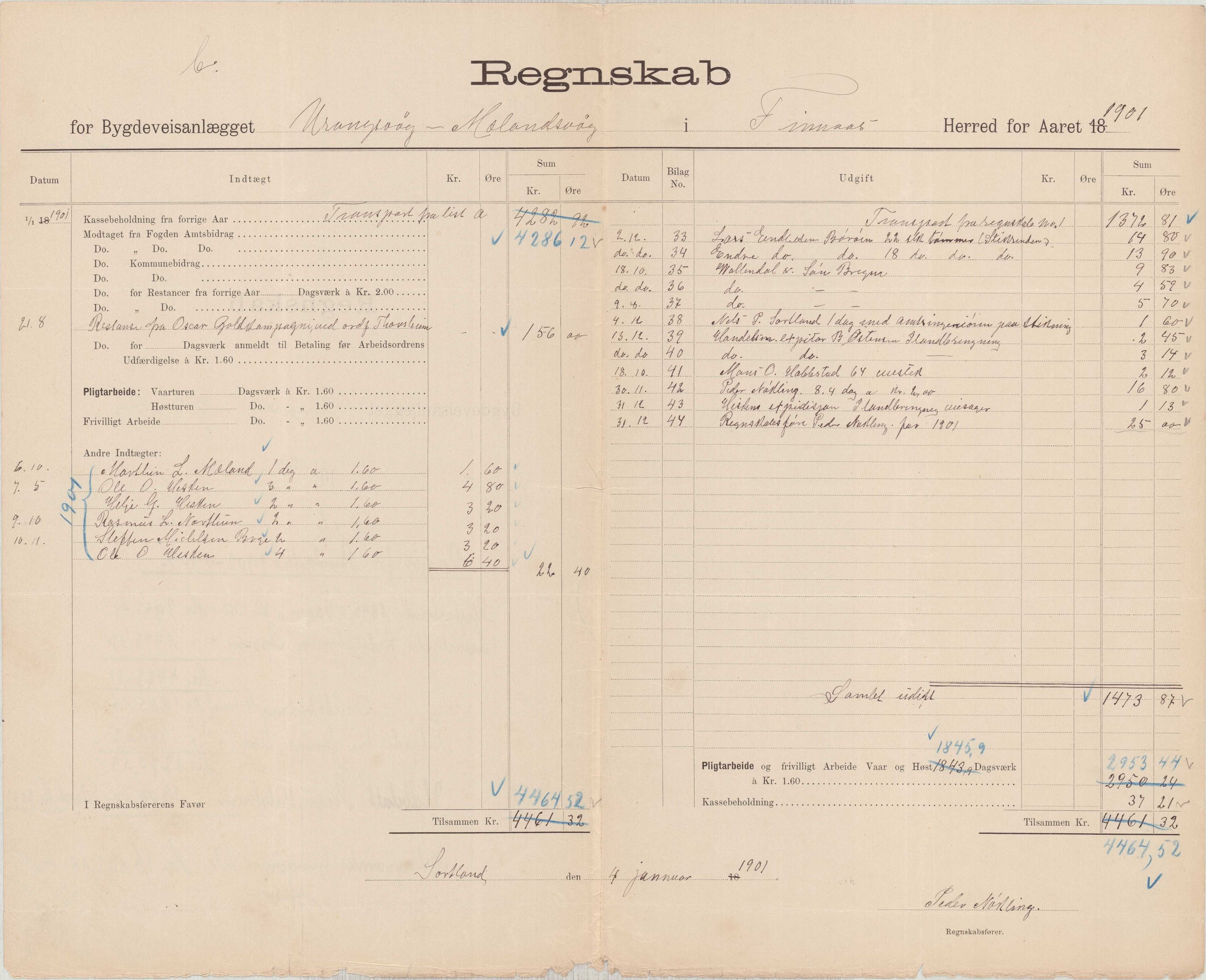 Finnaas kommune. Formannskapet, IKAH/1218a-021/E/Ea/L0002/0002: Rekneskap for veganlegg / Rekneskap for veganlegget Urangsvåg - Mælandsvåg, 1901-1903, s. 13