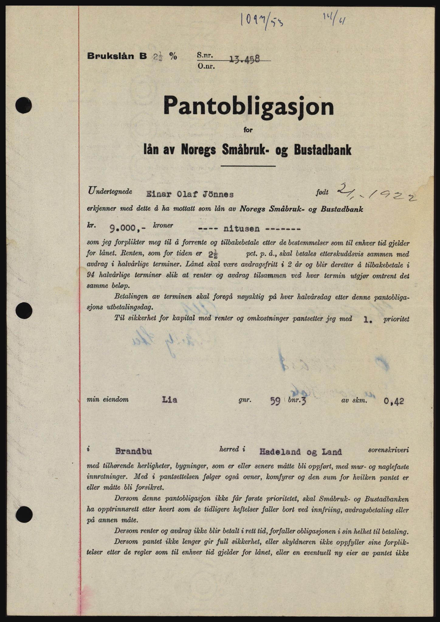 Hadeland og Land tingrett, SAH/TING-010/H/Hb/Hbc/L0026: Pantebok nr. B26, 1953-1953, Dagboknr: 1097/1953