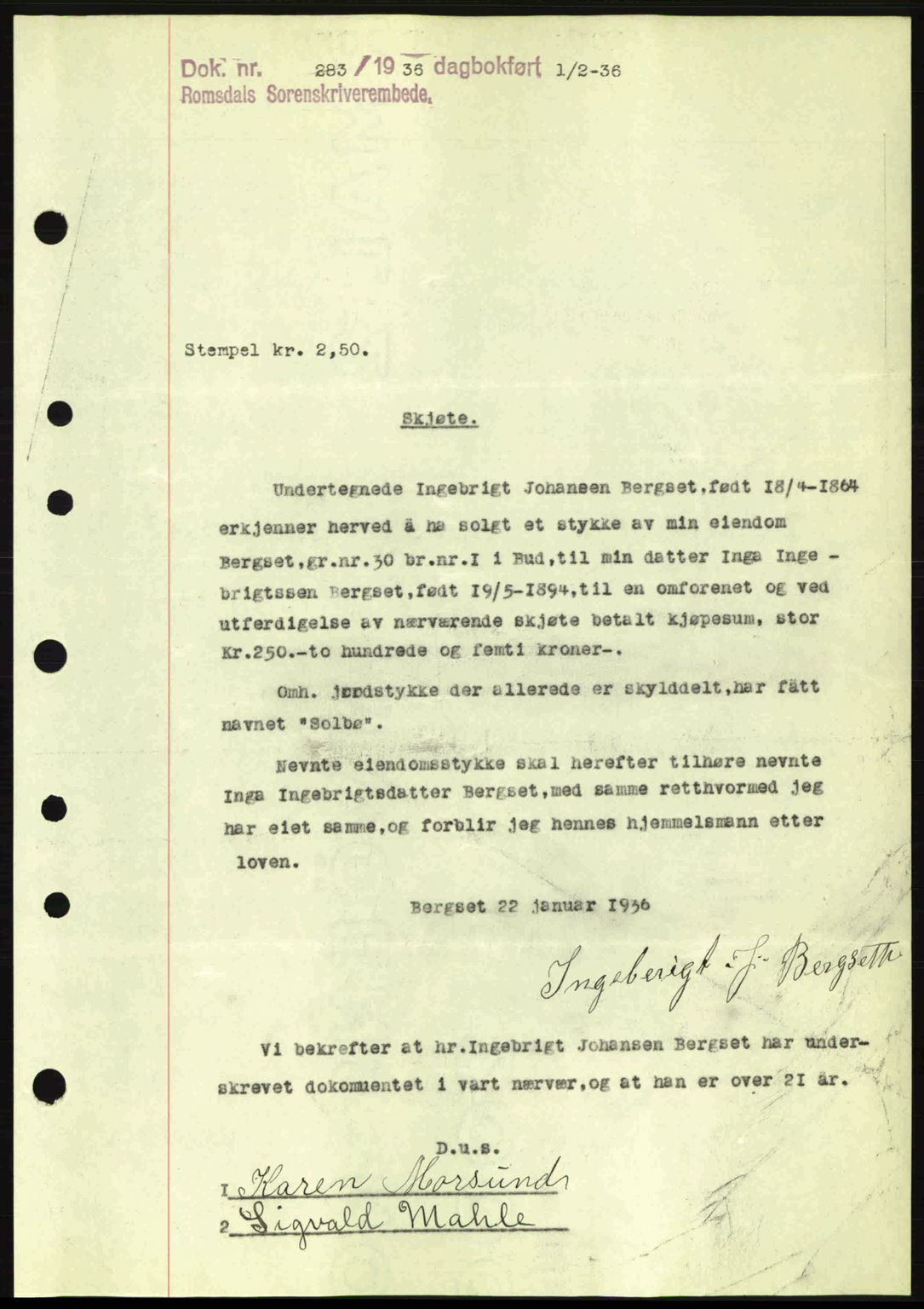 Romsdal sorenskriveri, SAT/A-4149/1/2/2C: Pantebok nr. A1, 1936-1936, Dagboknr: 283/1936
