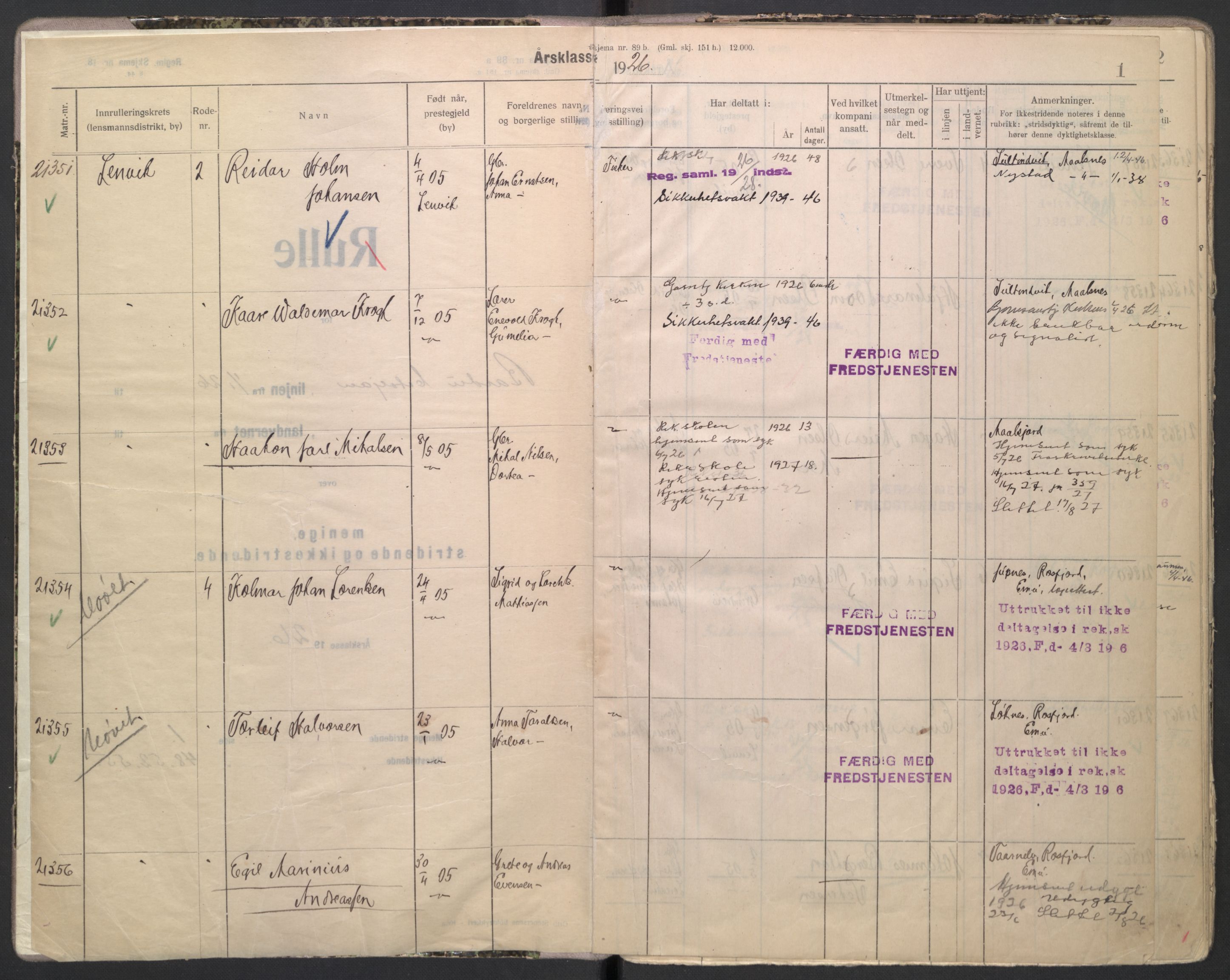 Forsvaret, Troms infanteriregiment nr. 16, AV/RA-RAFA-3146/P/Pa/L0004/0001: Ruller / Rulle for Bardu bataljons menige mannskaper, årsklasse 1926, 1926, s. 1