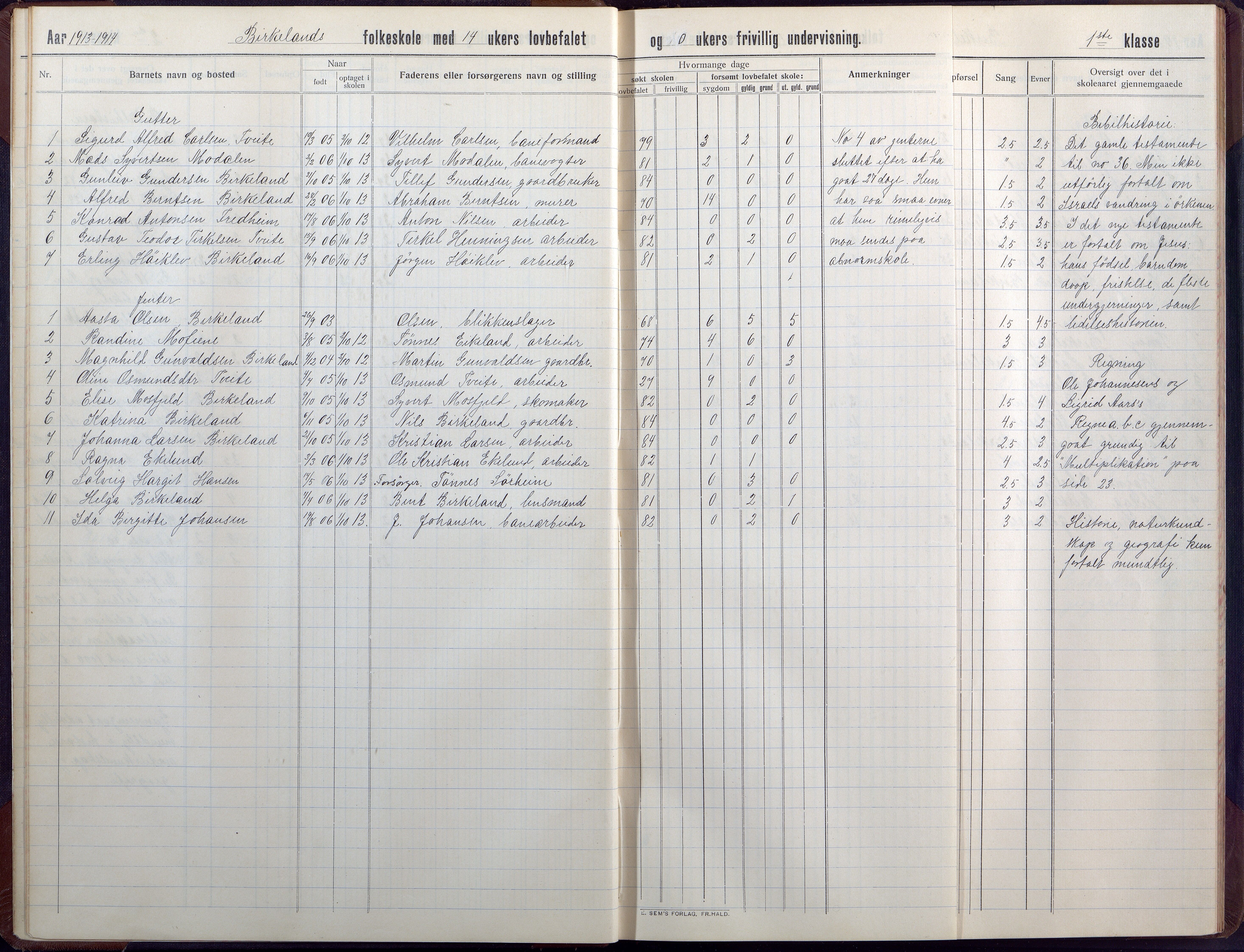 Birkenes kommune, Birkenes krets/Birkeland folkeskole frem til 1991, AAKS/KA0928-550a_91/F02/L0008: Skoleprotokoll, 1911-1930