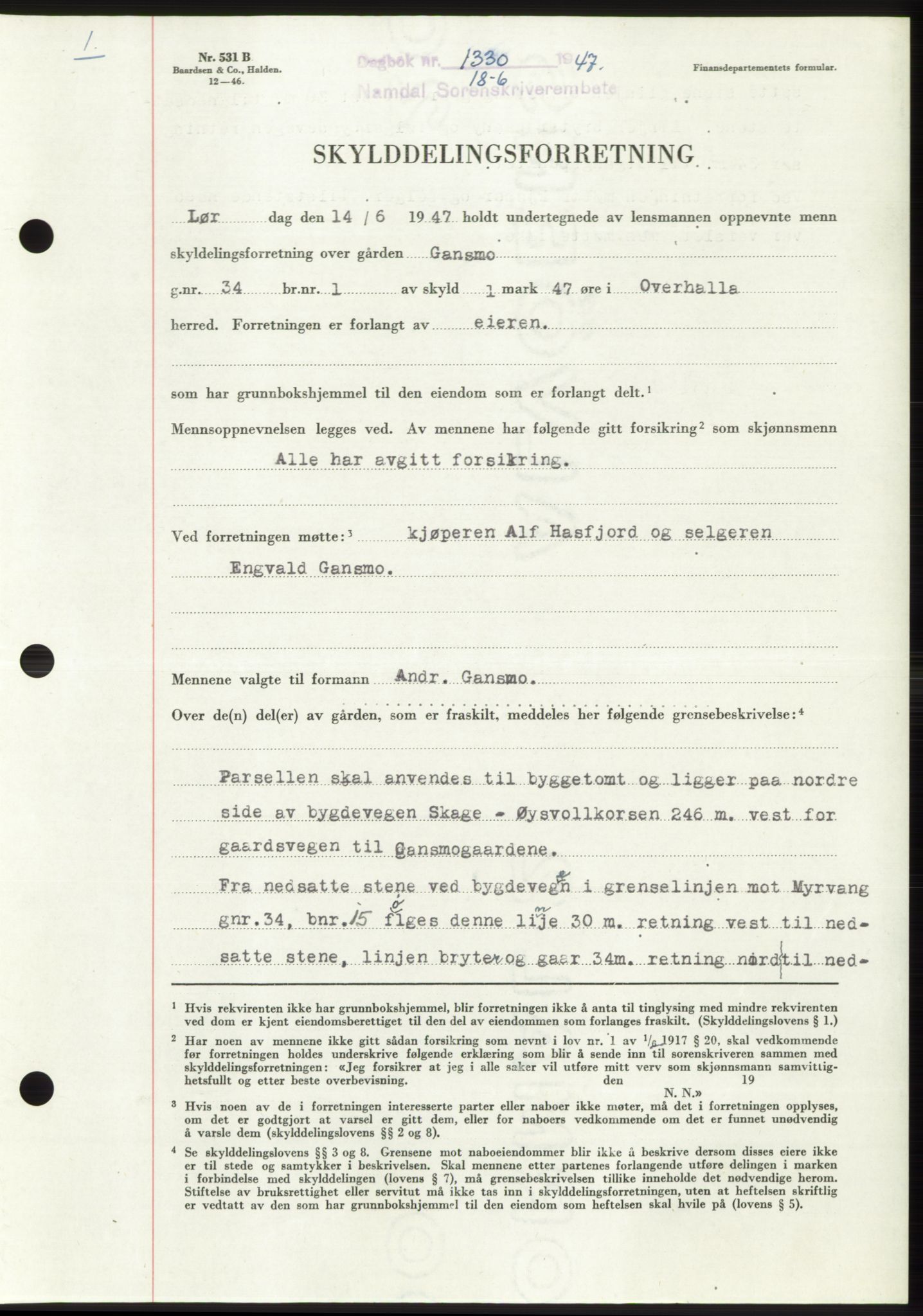 Namdal sorenskriveri, SAT/A-4133/1/2/2C: Pantebok nr. -, 1947-1947, Dagboknr: 1330/1947