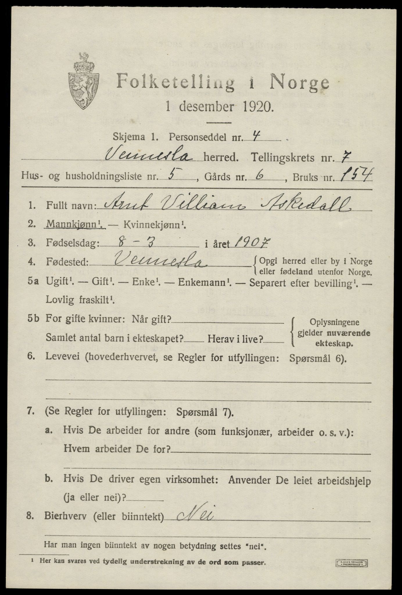 SAK, Folketelling 1920 for 1014 Vennesla herred, 1920, s. 4802