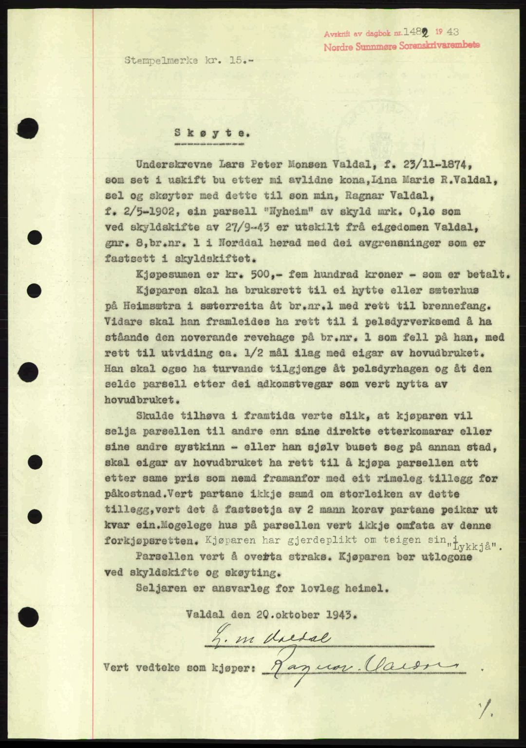 Nordre Sunnmøre sorenskriveri, SAT/A-0006/1/2/2C/2Ca: Pantebok nr. A16, 1943-1943, Dagboknr: 1482/1943
