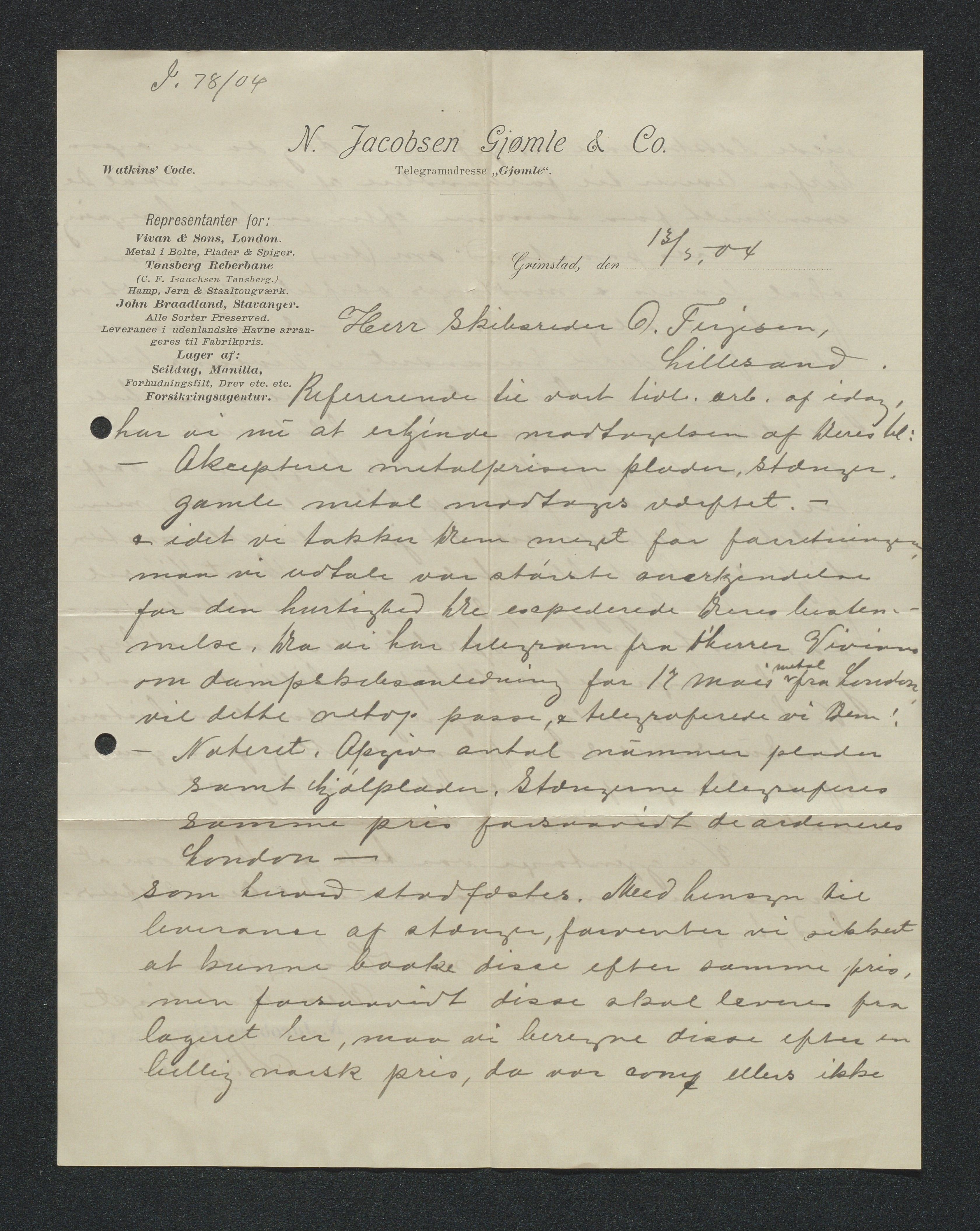 O. Terjesens rederi, AAKS/PA-2525/E/E01/L0013: Korrespondanse, 1904-1905