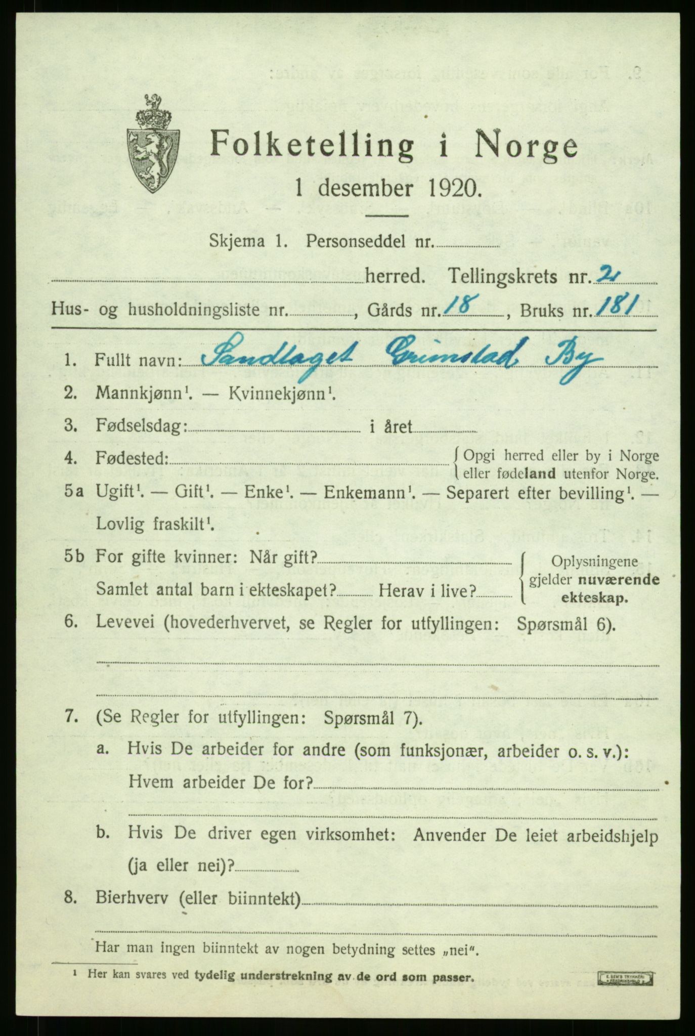 RA, Folketellinga 1920: Uplasserte skjema, 1920, s. 57