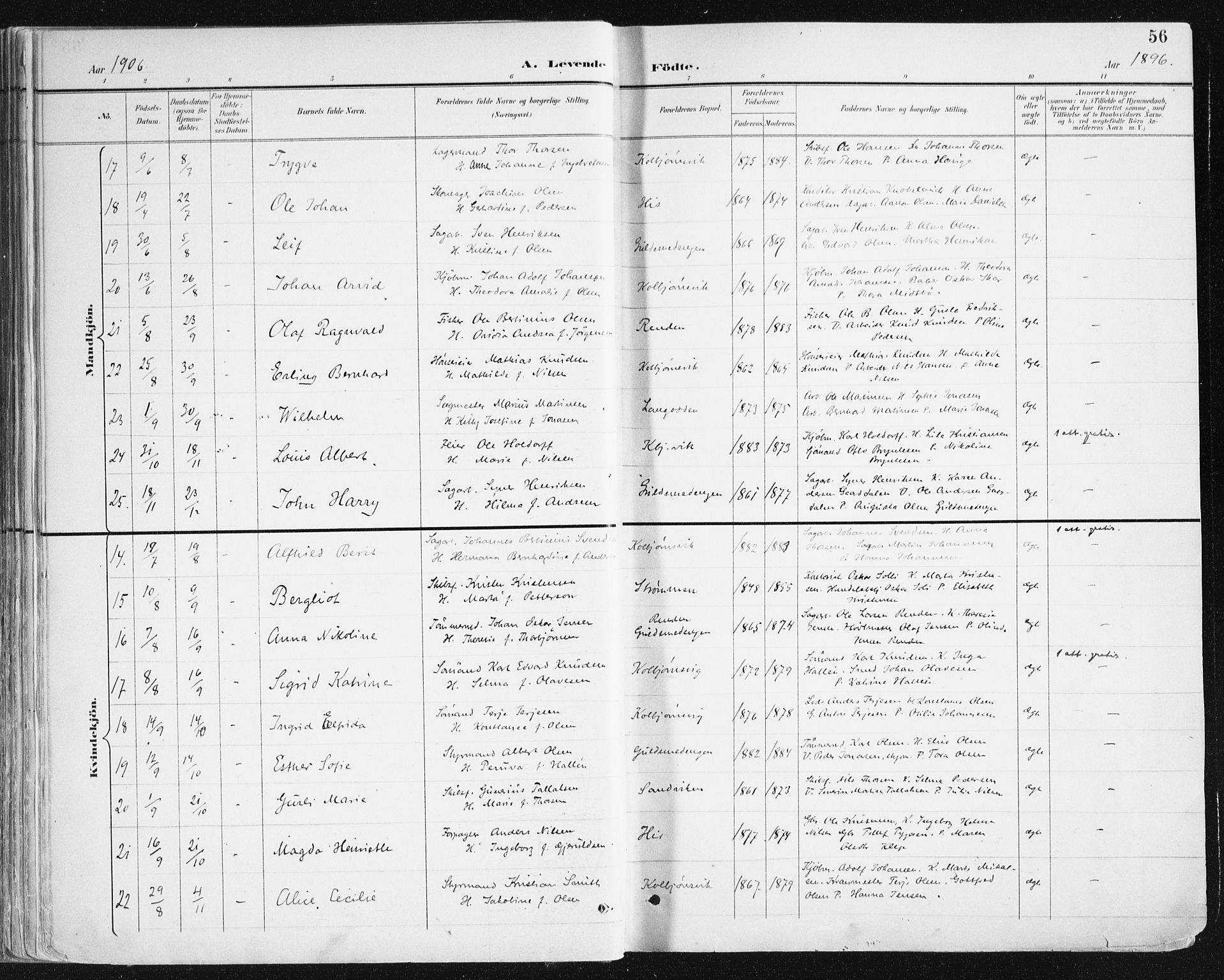 Hisøy sokneprestkontor, AV/SAK-1111-0020/F/Fa/L0004: Ministerialbok nr. A 4, 1895-1917, s. 56