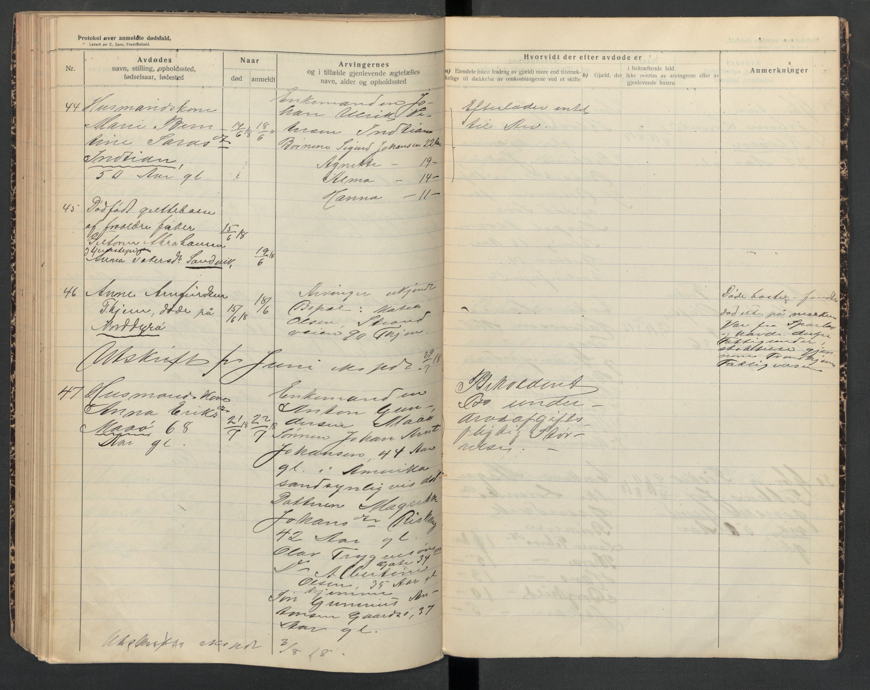 Frøya lensmannskontor, AV/SAT-A-1050/2/Ga/L0002: Dødsfallsprotokoll  (løse ark / vedlegg, se Yb 2), 1913-1918