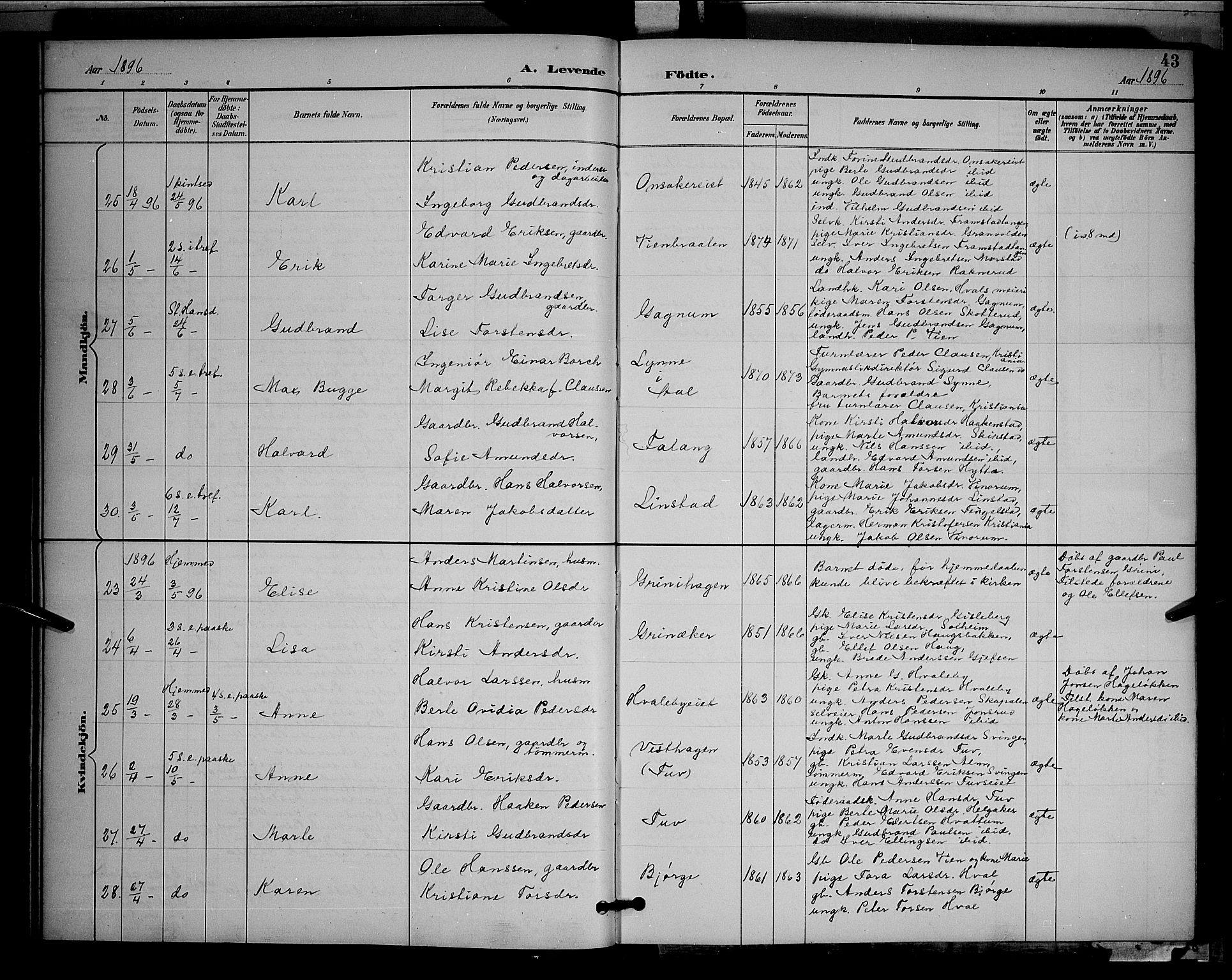 Gran prestekontor, AV/SAH-PREST-112/H/Ha/Hab/L0005: Klokkerbok nr. 5, 1892-1900, s. 43