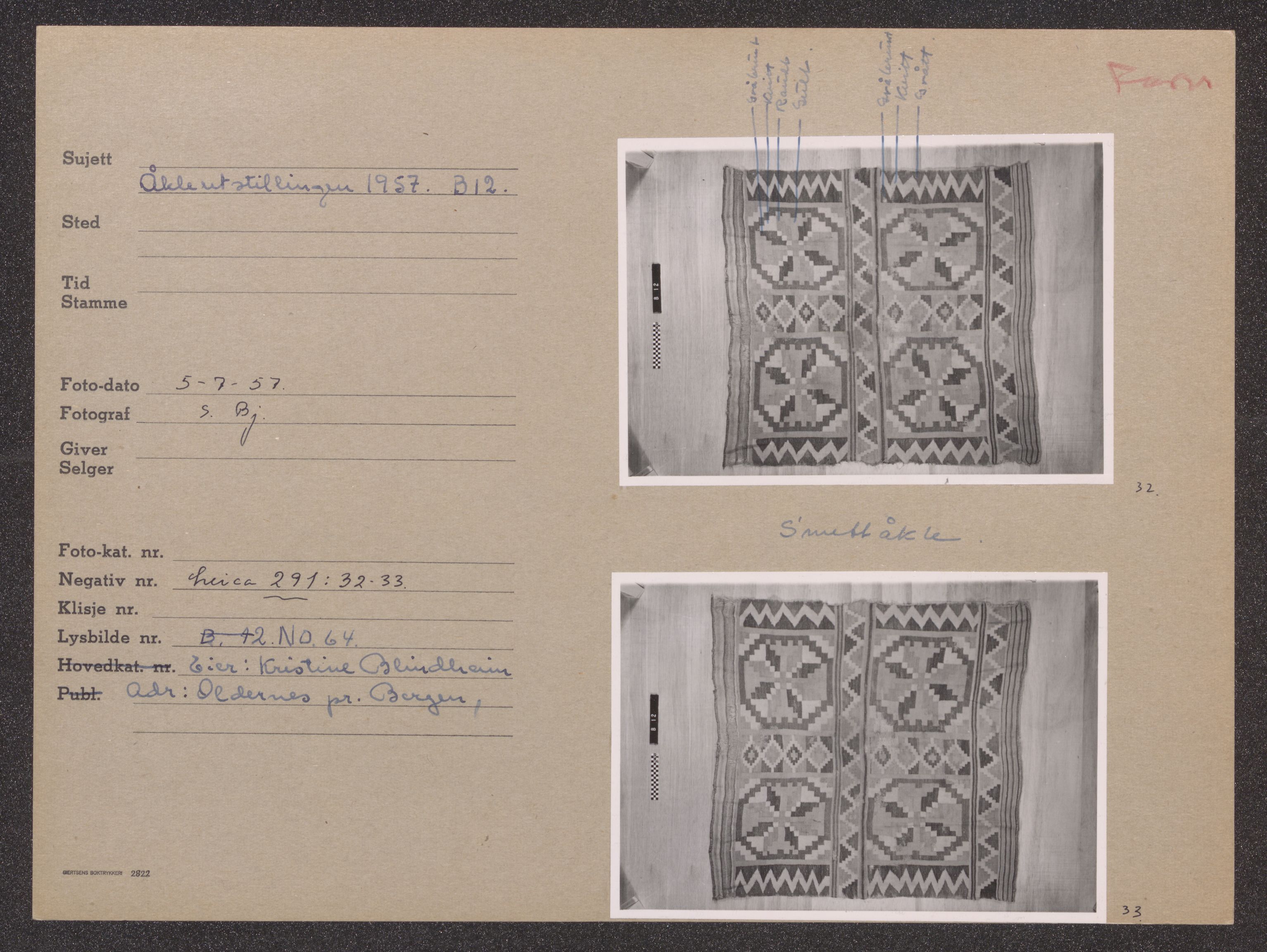 Åkleprosjektet 1957, UMB/A008/F/Fa/L0001/0001: Registreringskort Smettåkle A-H / Smettåkler A -E, 1957