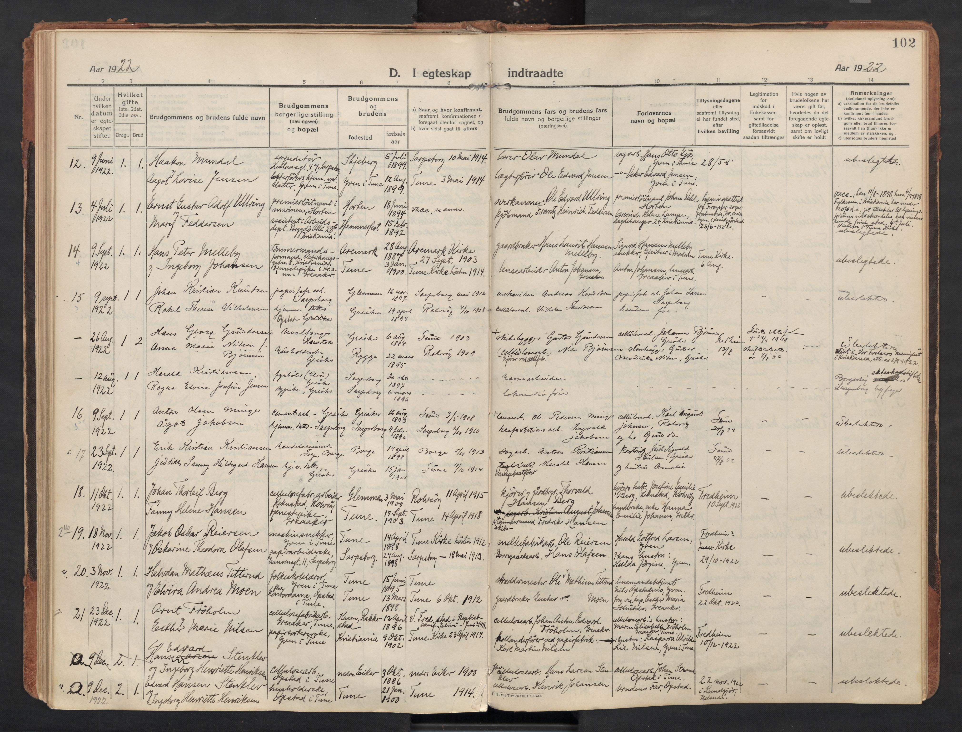 Tune prestekontor Kirkebøker, AV/SAO-A-2007/F/Fb/L0001: Residerende kapellans bok nr. 1, 1915-1923, s. 102