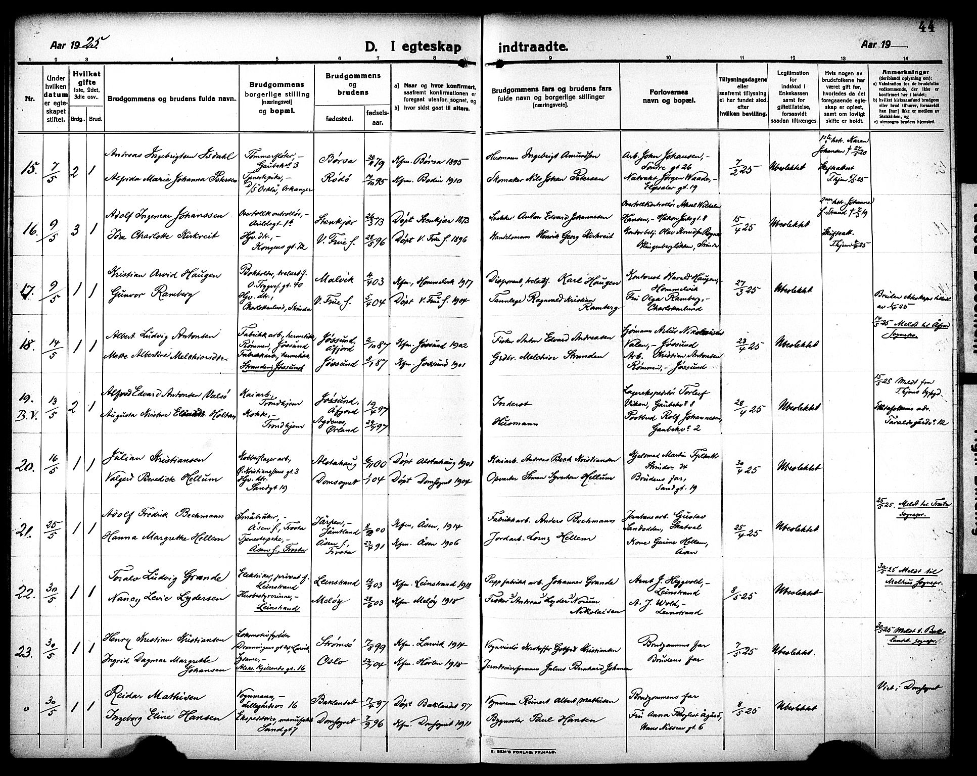 Ministerialprotokoller, klokkerbøker og fødselsregistre - Sør-Trøndelag, AV/SAT-A-1456/602/L0149: Klokkerbok nr. 602C17, 1919-1932, s. 44