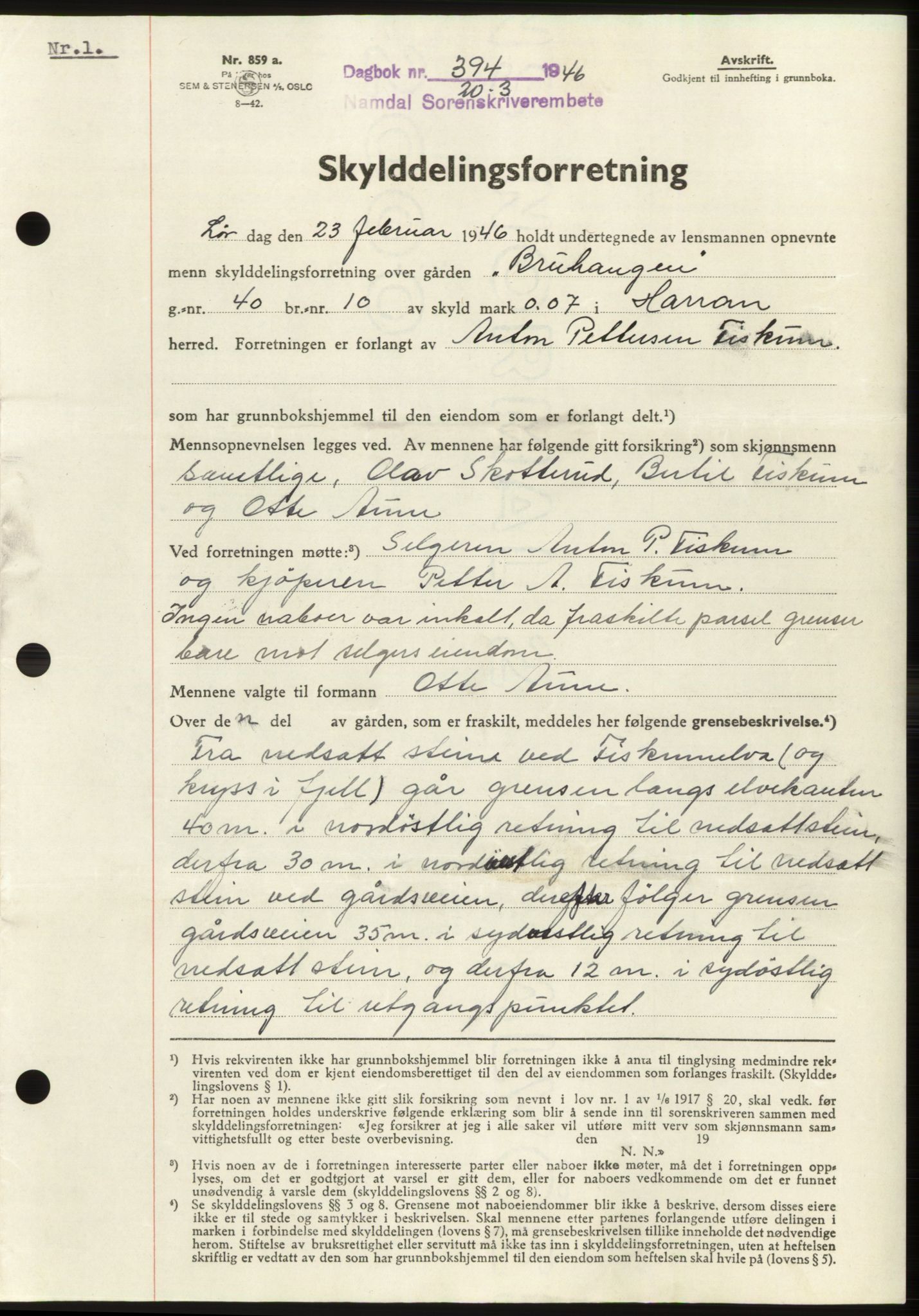 Namdal sorenskriveri, SAT/A-4133/1/2/2C: Pantebok nr. -, 1946-1946, Dagboknr: 394/1946