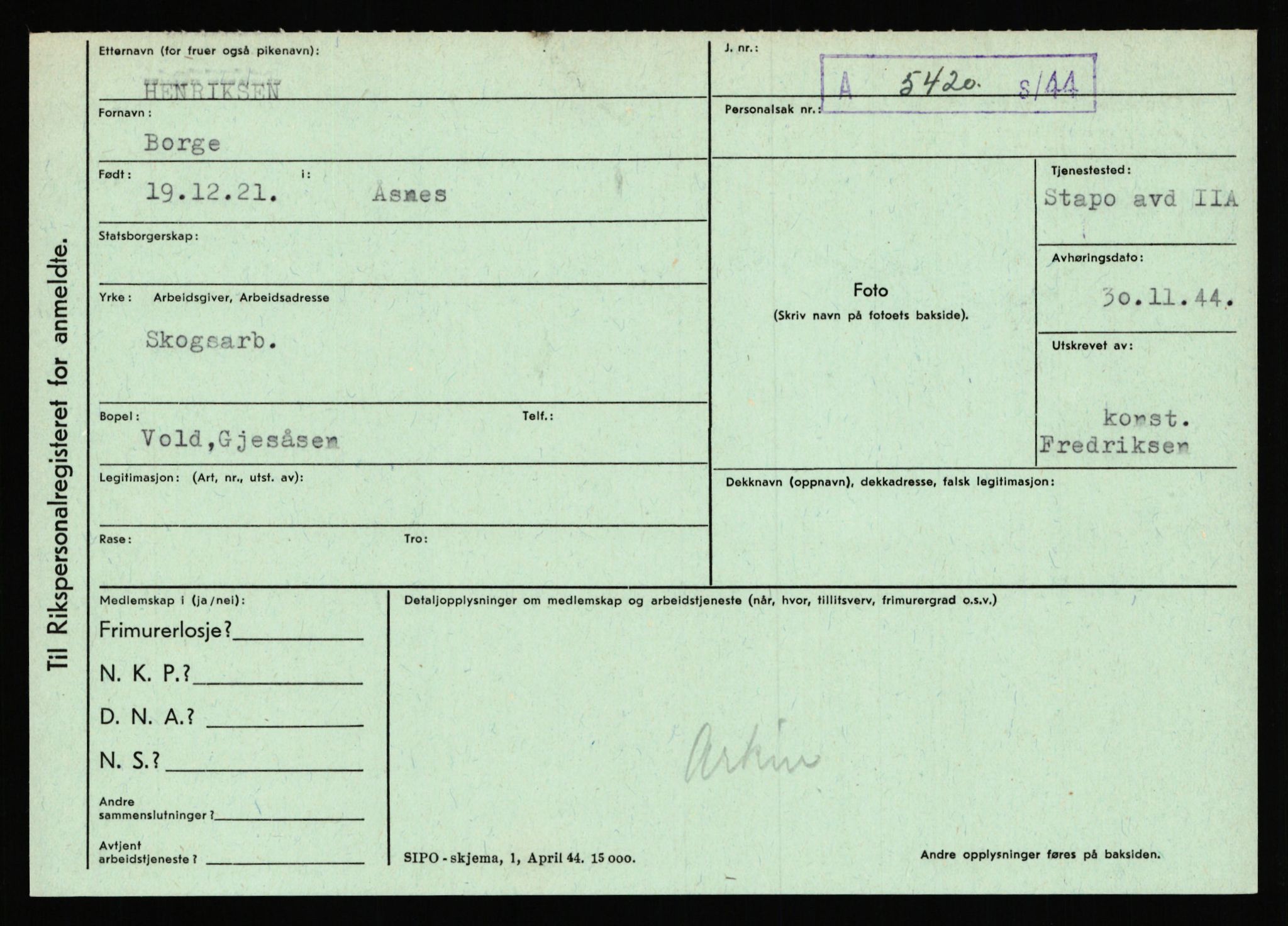 Statspolitiet - Hovedkontoret / Osloavdelingen, AV/RA-S-1329/C/Ca/L0006: Hanche - Hokstvedt, 1943-1945, s. 3641