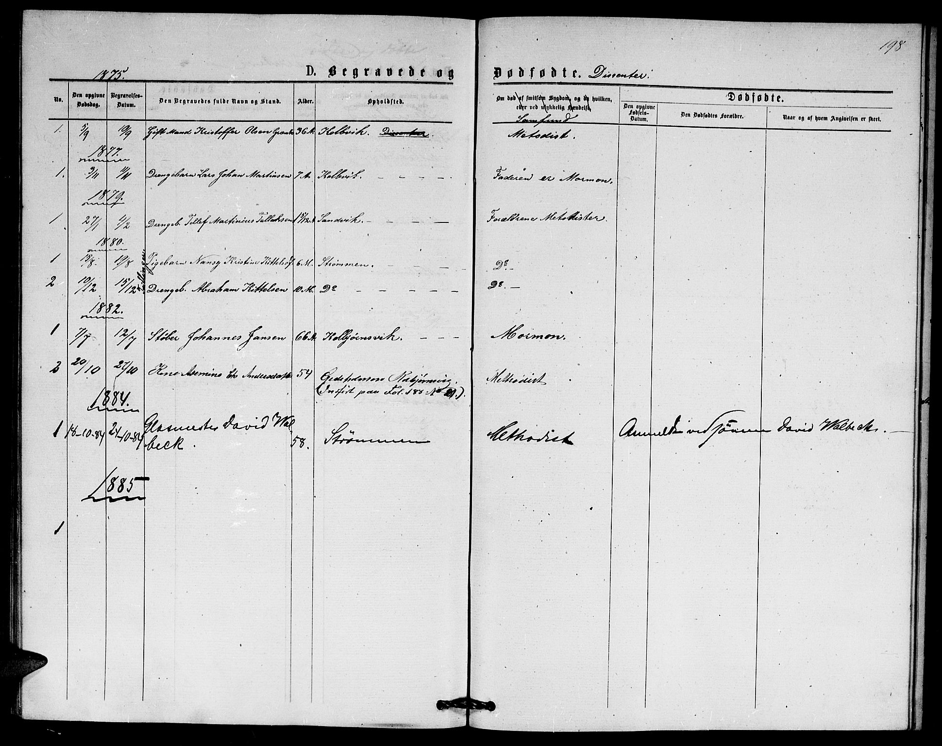 Hisøy sokneprestkontor, SAK/1111-0020/F/Fb/L0002: Klokkerbok nr. B 2, 1873-1885, s. 198