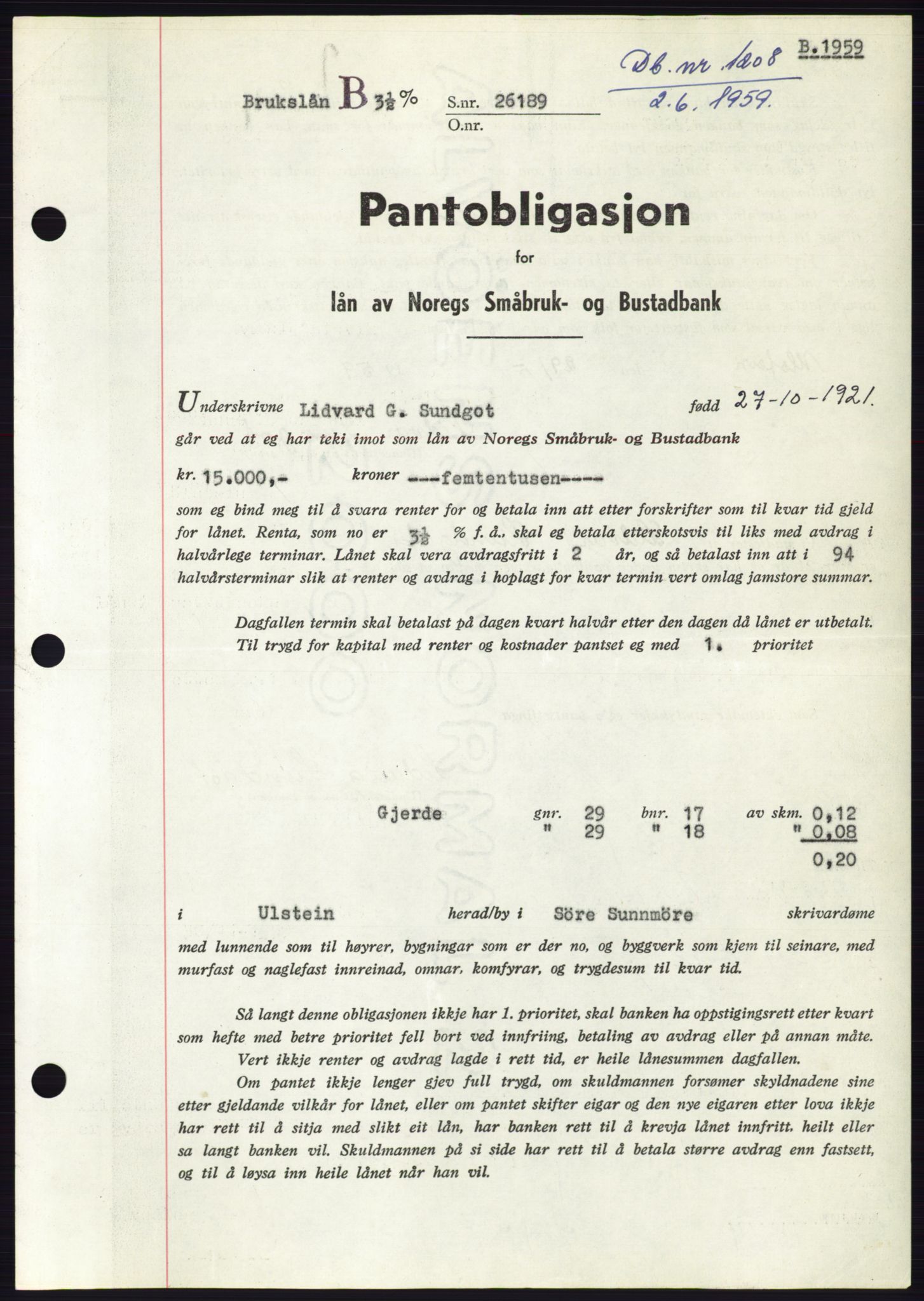 Søre Sunnmøre sorenskriveri, SAT/A-4122/1/2/2C/L0133: Pantebok nr. 21B, 1959-1959, Dagboknr: 1208/1959