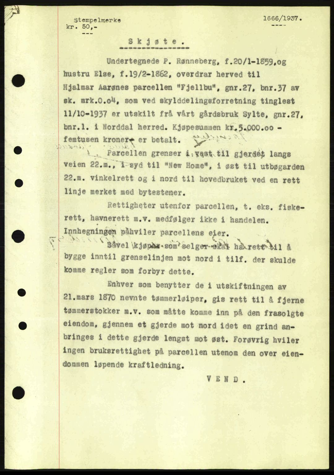 Nordre Sunnmøre sorenskriveri, SAT/A-0006/1/2/2C/2Ca: Pantebok nr. A3, 1937-1937, Dagboknr: 1666/1937