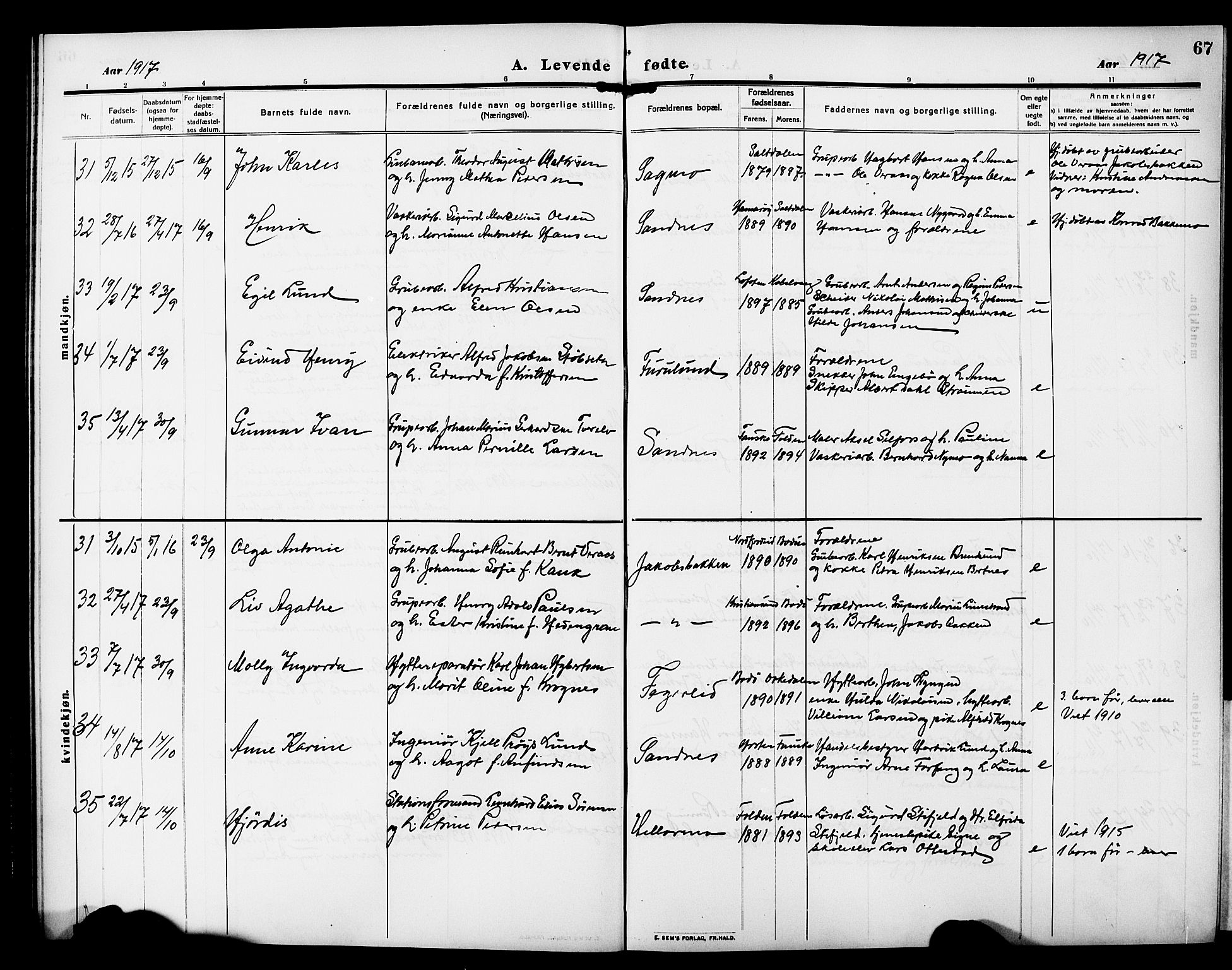 Ministerialprotokoller, klokkerbøker og fødselsregistre - Nordland, AV/SAT-A-1459/850/L0710: Ministerialbok nr. 850A02, 1910-1920, s. 67