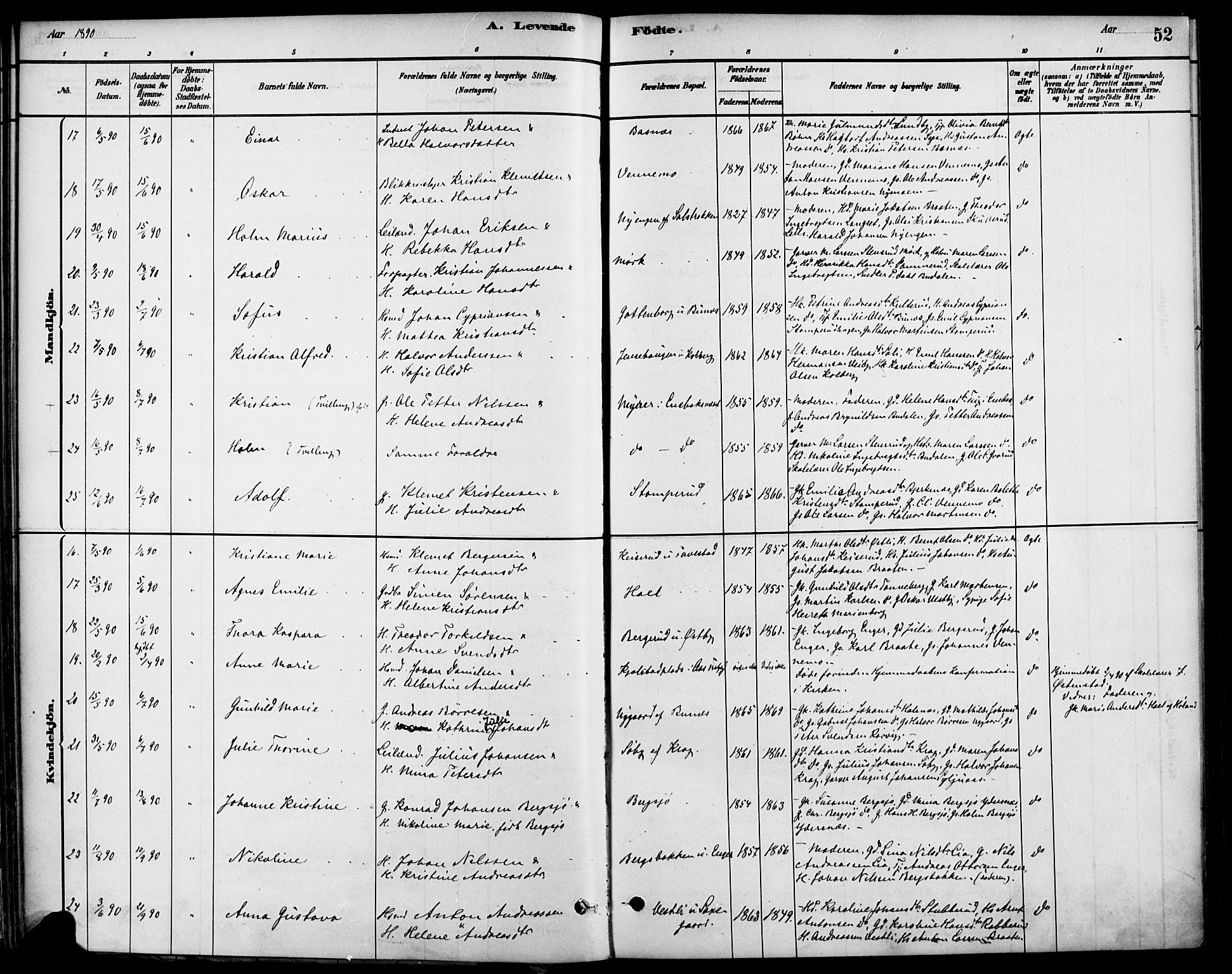 Høland prestekontor Kirkebøker, AV/SAO-A-10346a/F/Fb/L0001: Ministerialbok nr. II 1, 1880-1897, s. 52