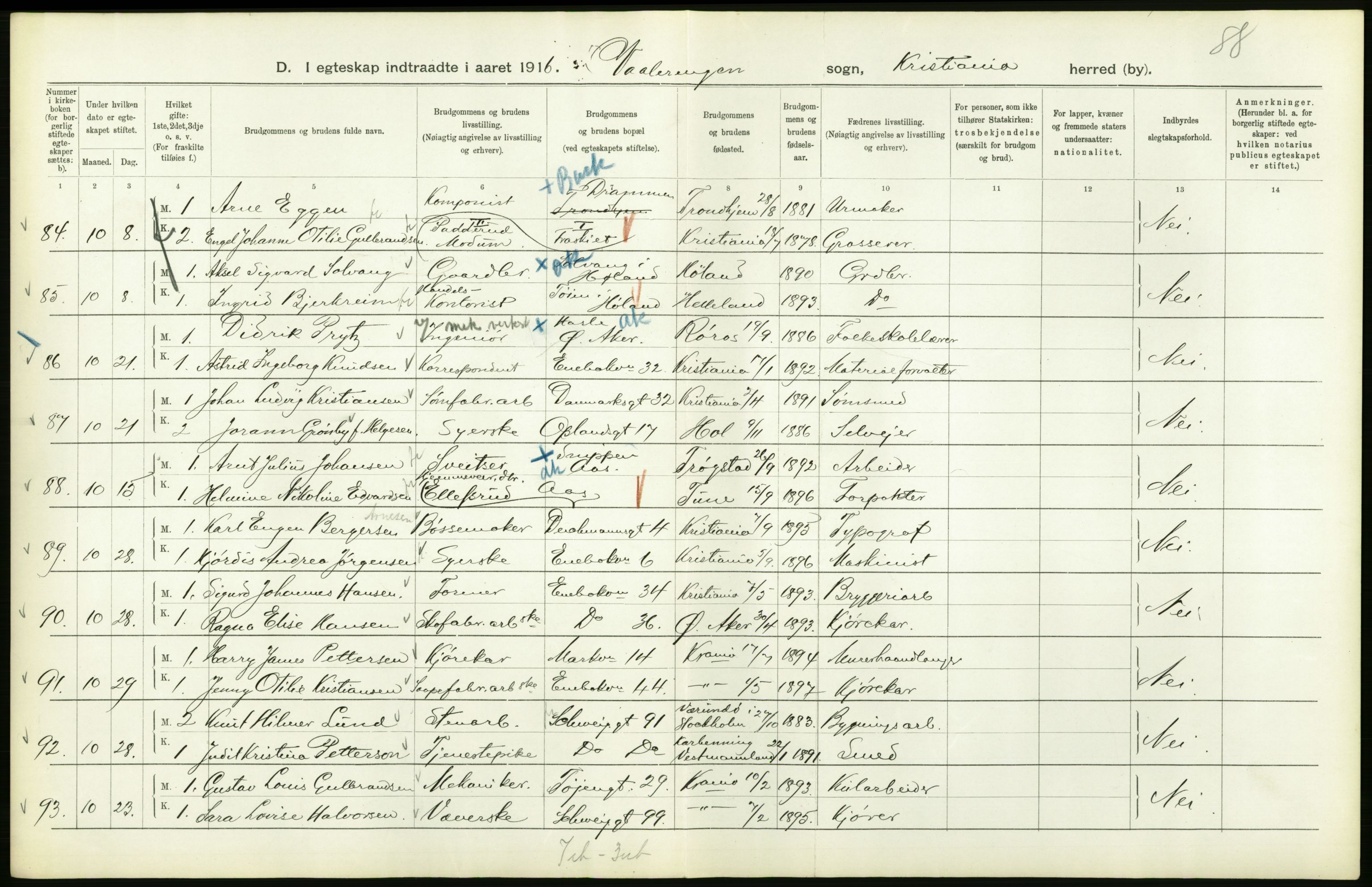 Statistisk sentralbyrå, Sosiodemografiske emner, Befolkning, RA/S-2228/D/Df/Dfb/Dfbf/L0008: Kristiania: Gifte, 1916, s. 812